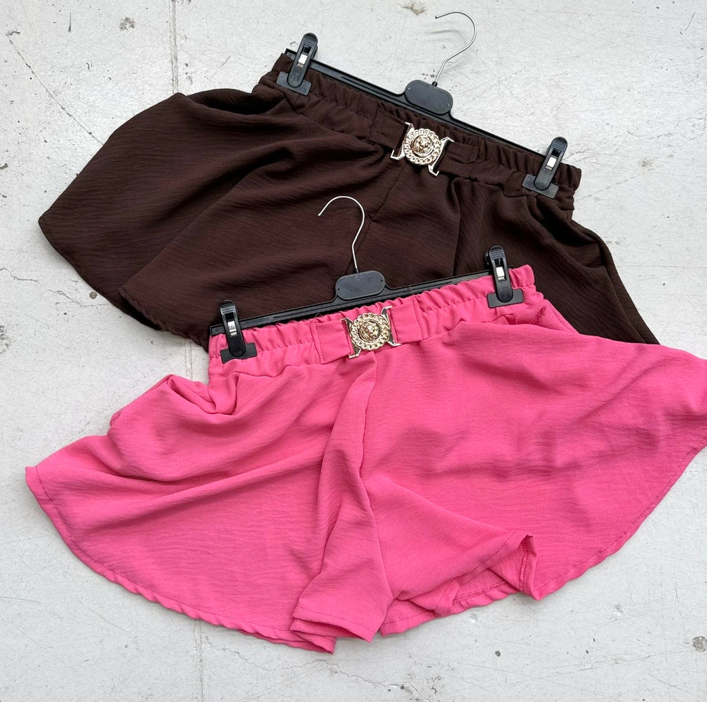 Elasticated High Waisted Floaty Shorts With Gold Buckle Detail