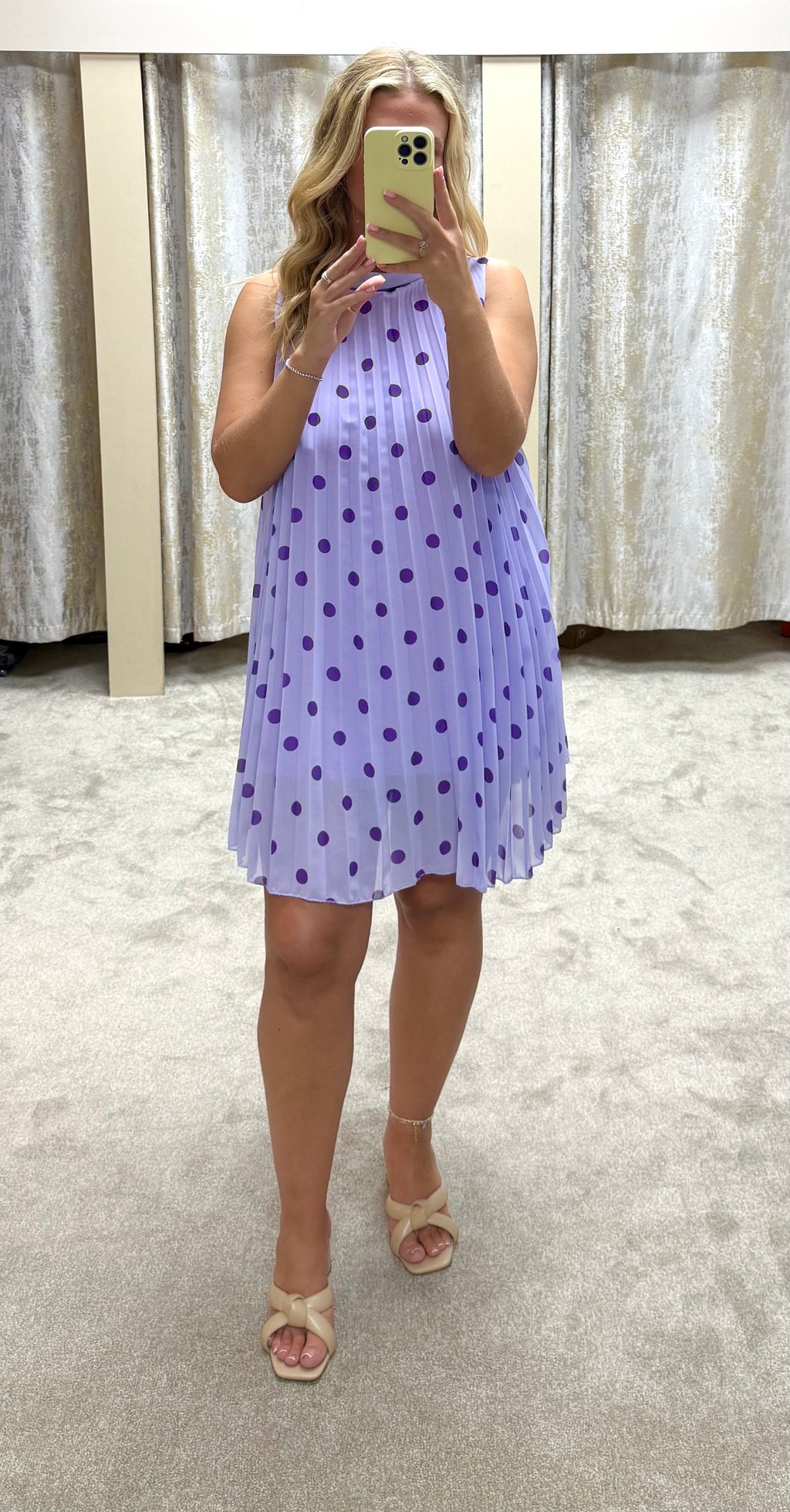 Polka Dot Halter Neck Pleated Dress - Lined Fabric