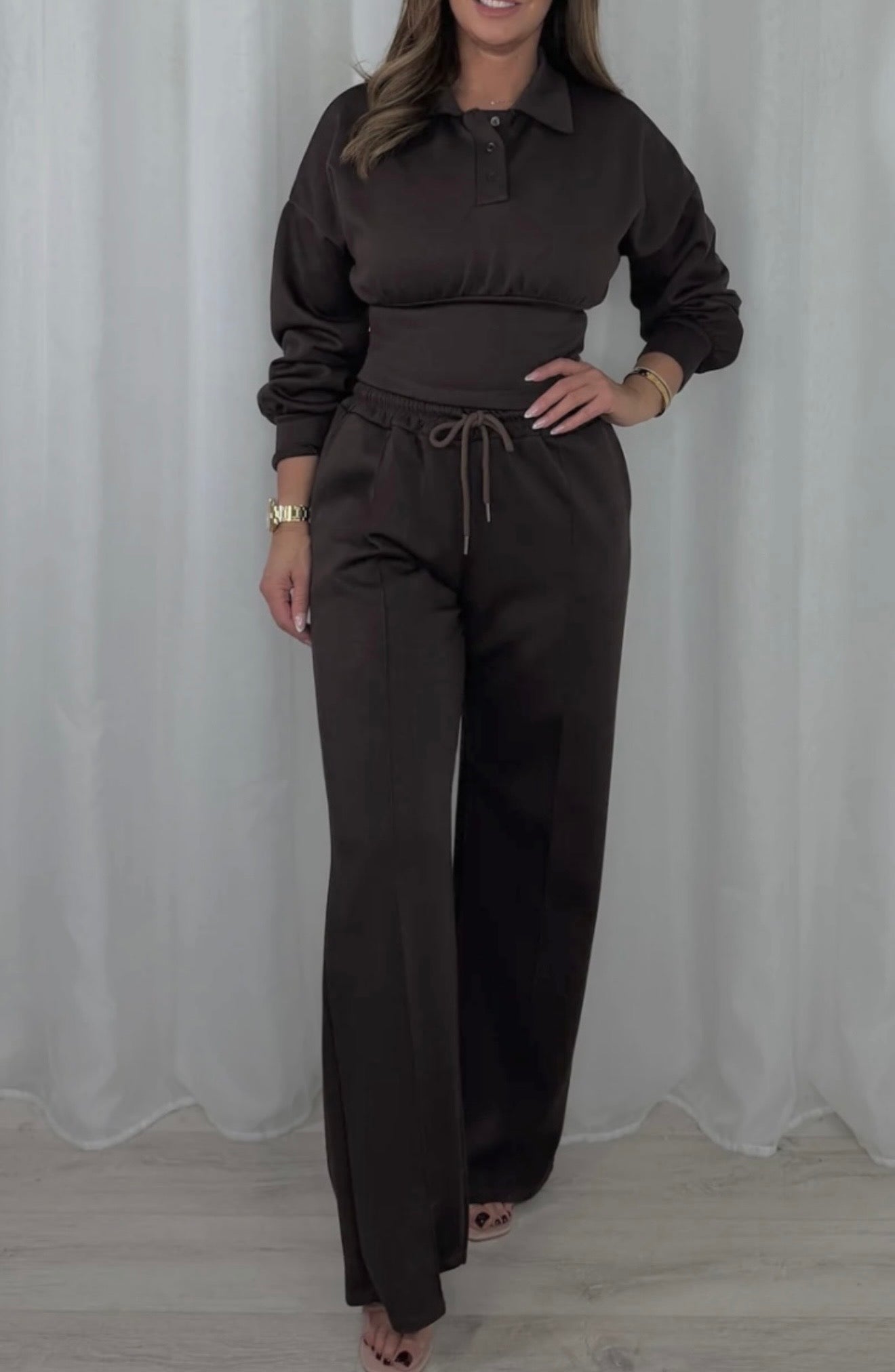 Button Polo Waist Cinching Co Ord with Elasticated Lined Trousers