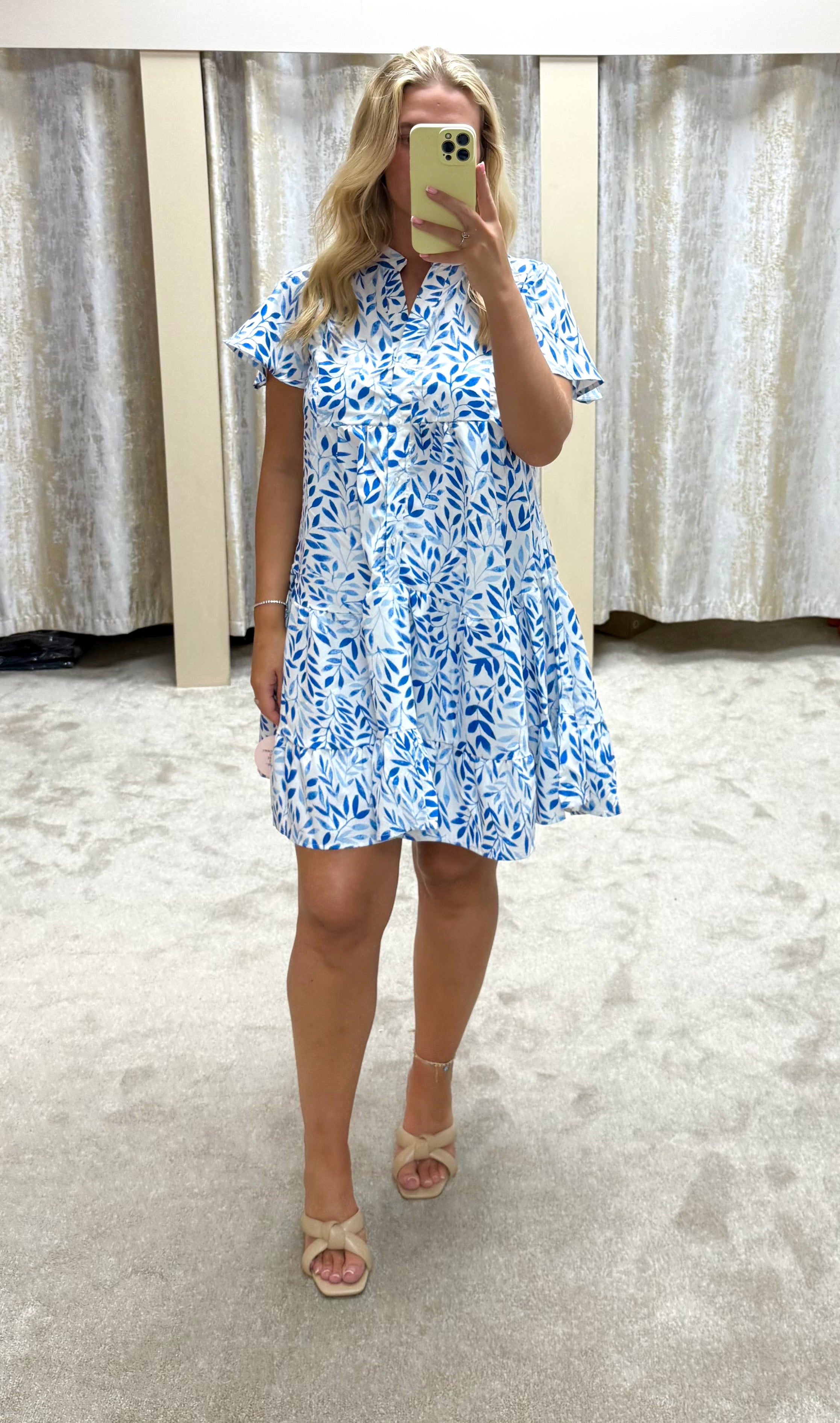 Leaf Print Angel Sleeve Fit & Flare Dress - Royal Blue