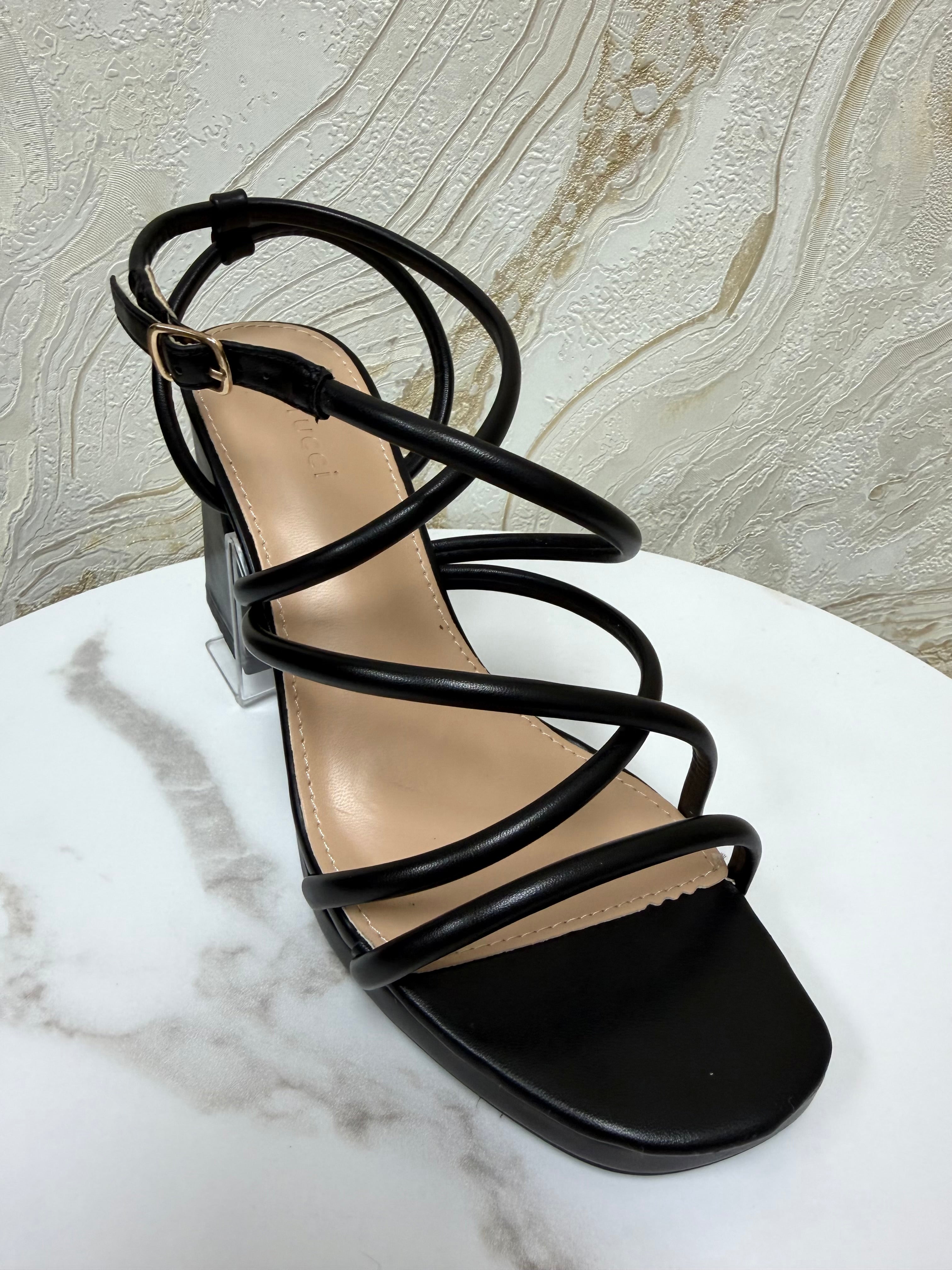 Strappy Comfy Platform Block Heels - Black