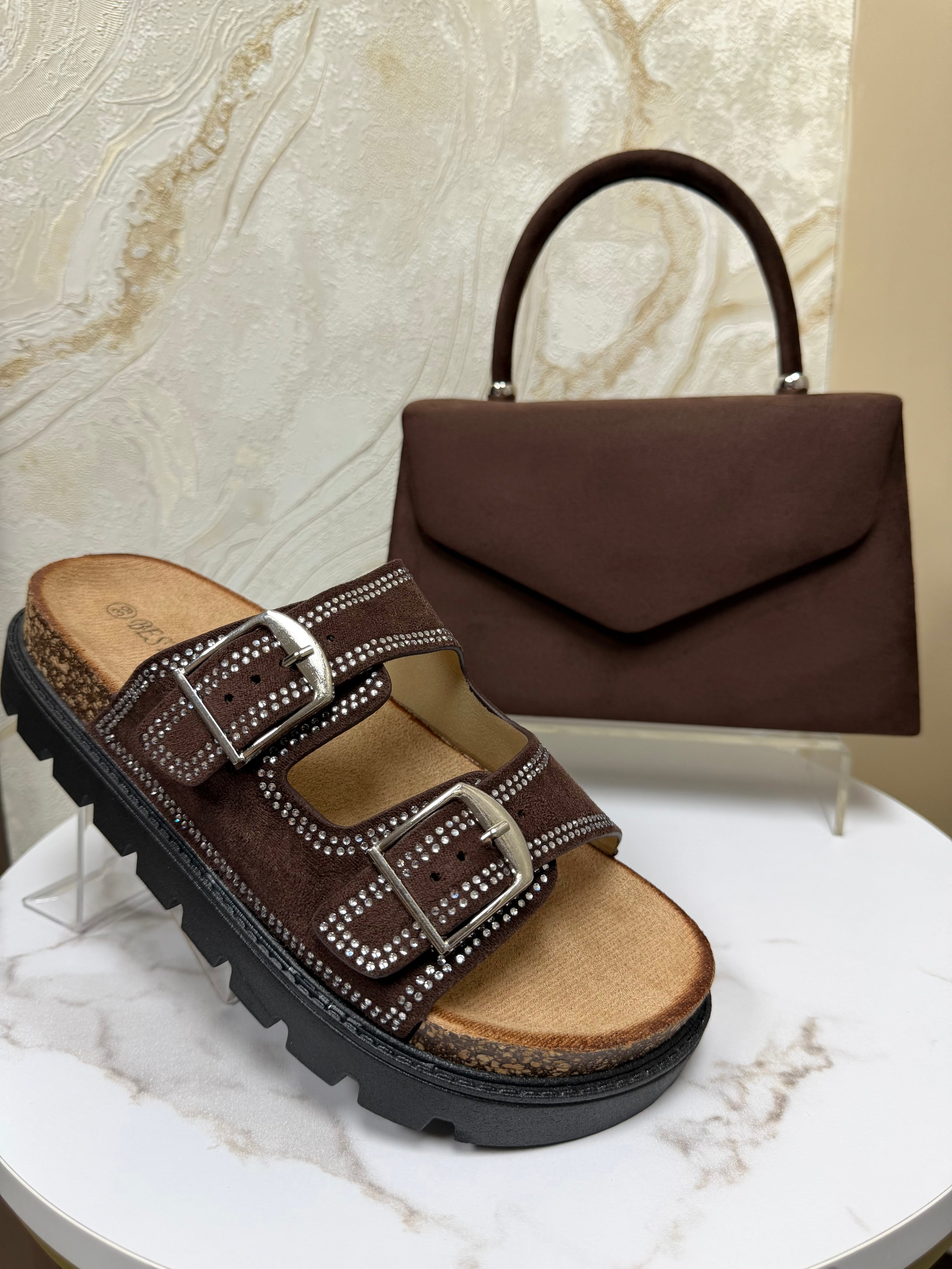 Top Handle Suede Envelope Bag - Chocolate Brown