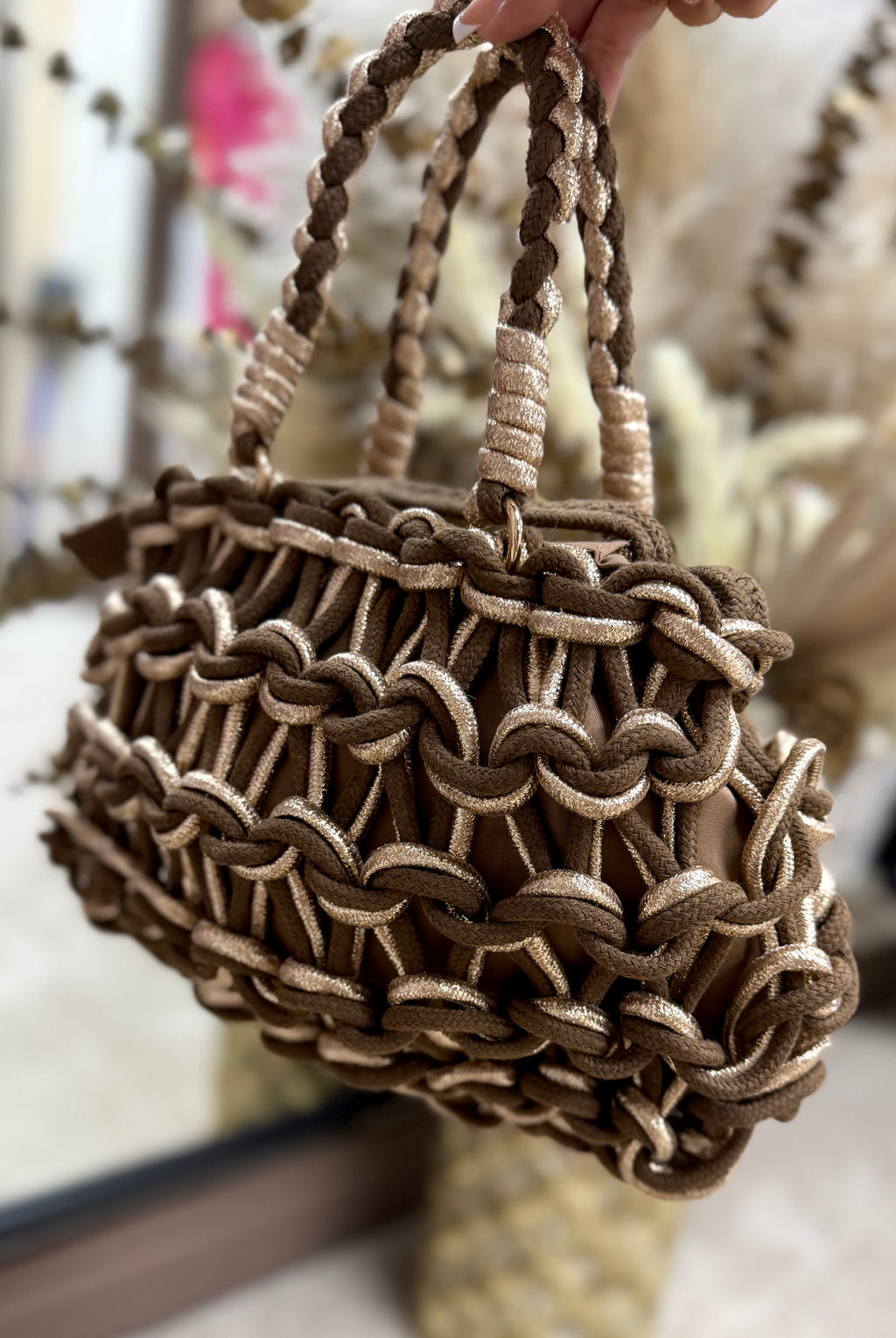 Chunky Yarn Knit Bag - Chocolate Brown & Gold