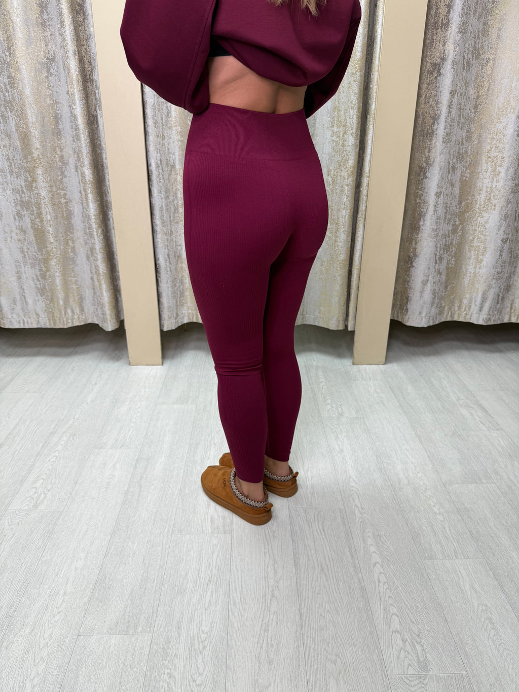 High Waisted Shaping Ribbed Leggings - Burgundy