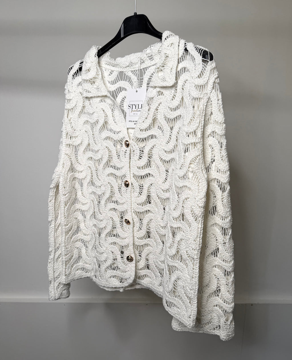 White Crochet Collared Cardigan With Gold Button Detail