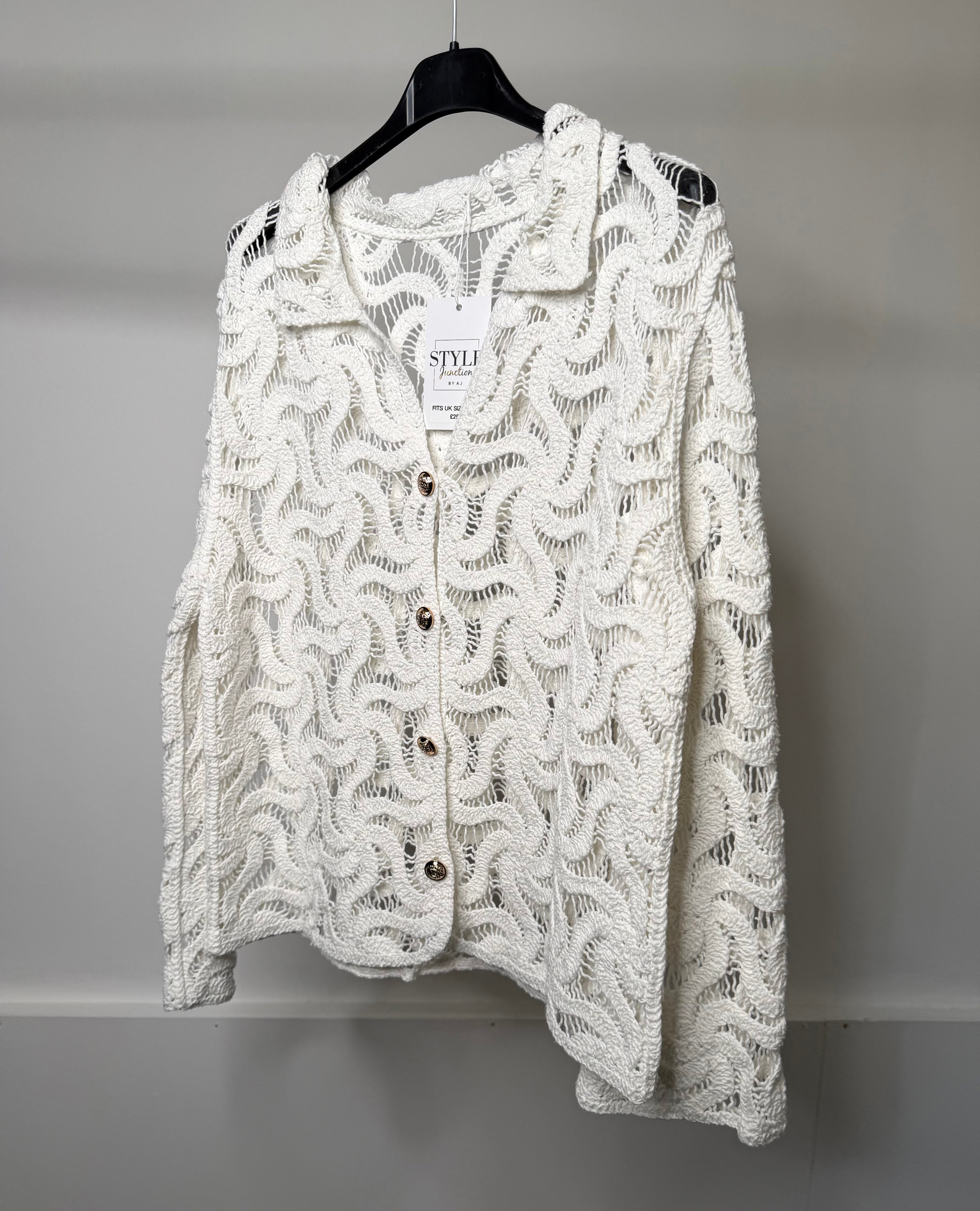 White Crochet Collared Cardigan With Gold Button Detail
