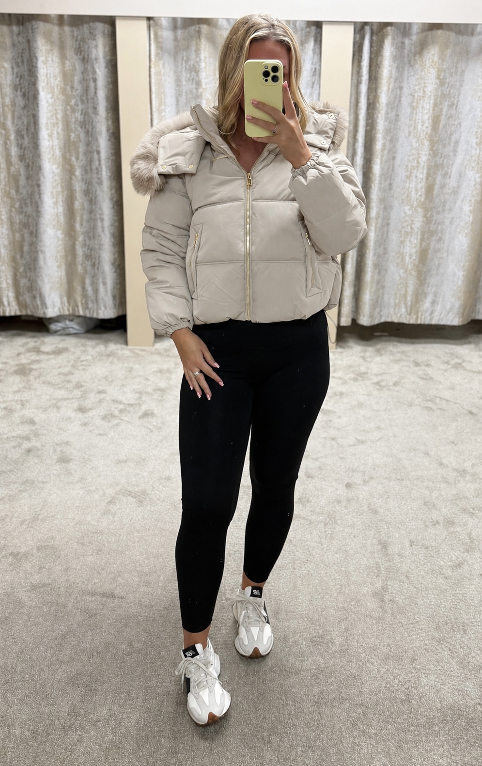 Luxe Faux Fur Gold Zip Detail Coat - Stone