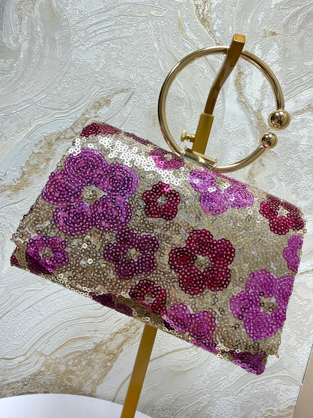 Gold Ring Handle Flower Detail Sequin Bag - Pink Tones