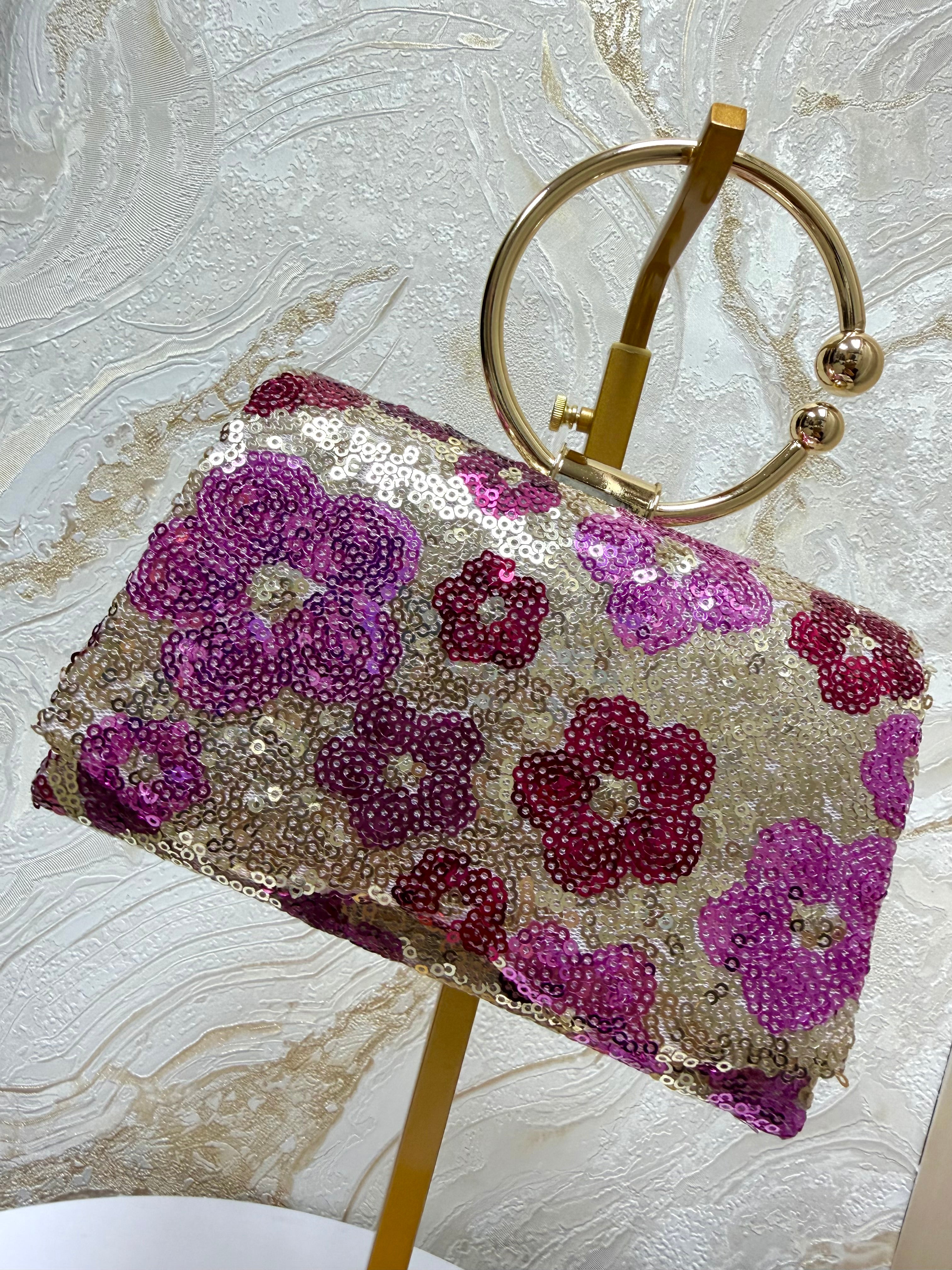 Gold Ring Handle Flower Detail Sequin Bag - Pink Tones