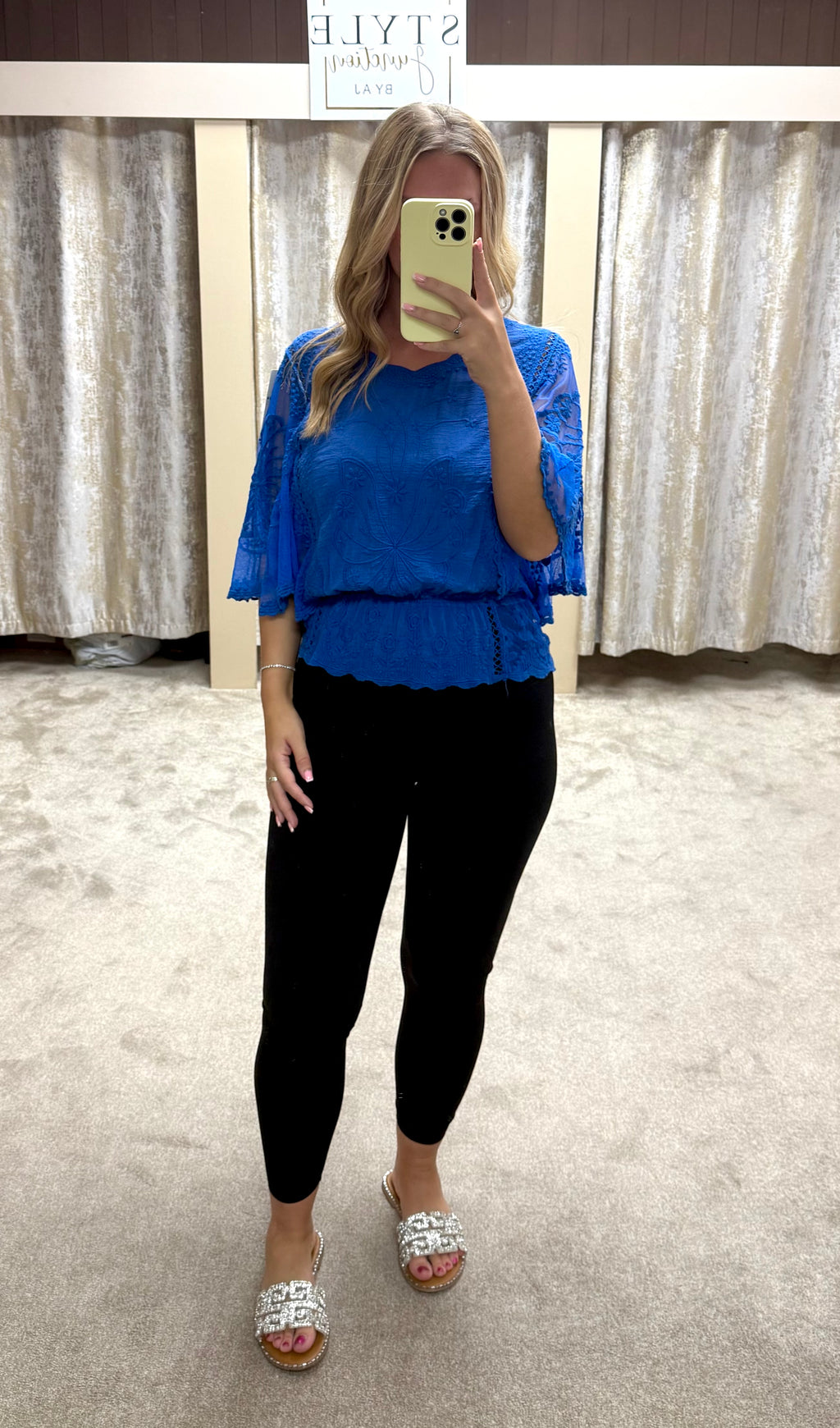 Butterly Embroidered Elasticated Waist Crochet Detail Top