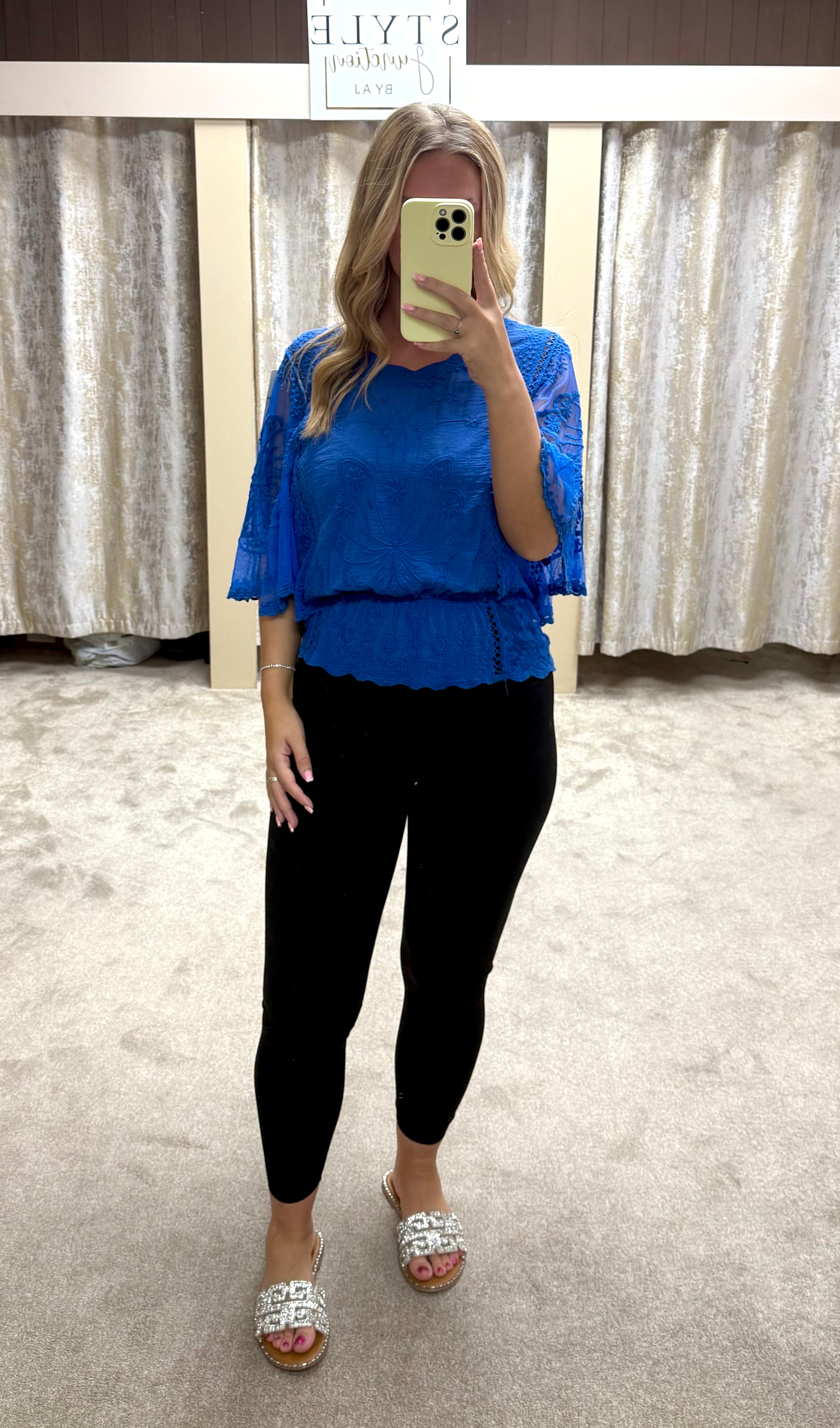 Butterly Embroidered Elasticated Waist Crochet Detail Top