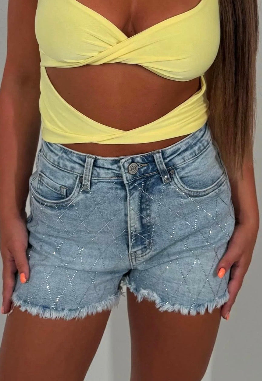 Diamond Detail Diamanté Stretchy Denim Shorts with Frayed Hem