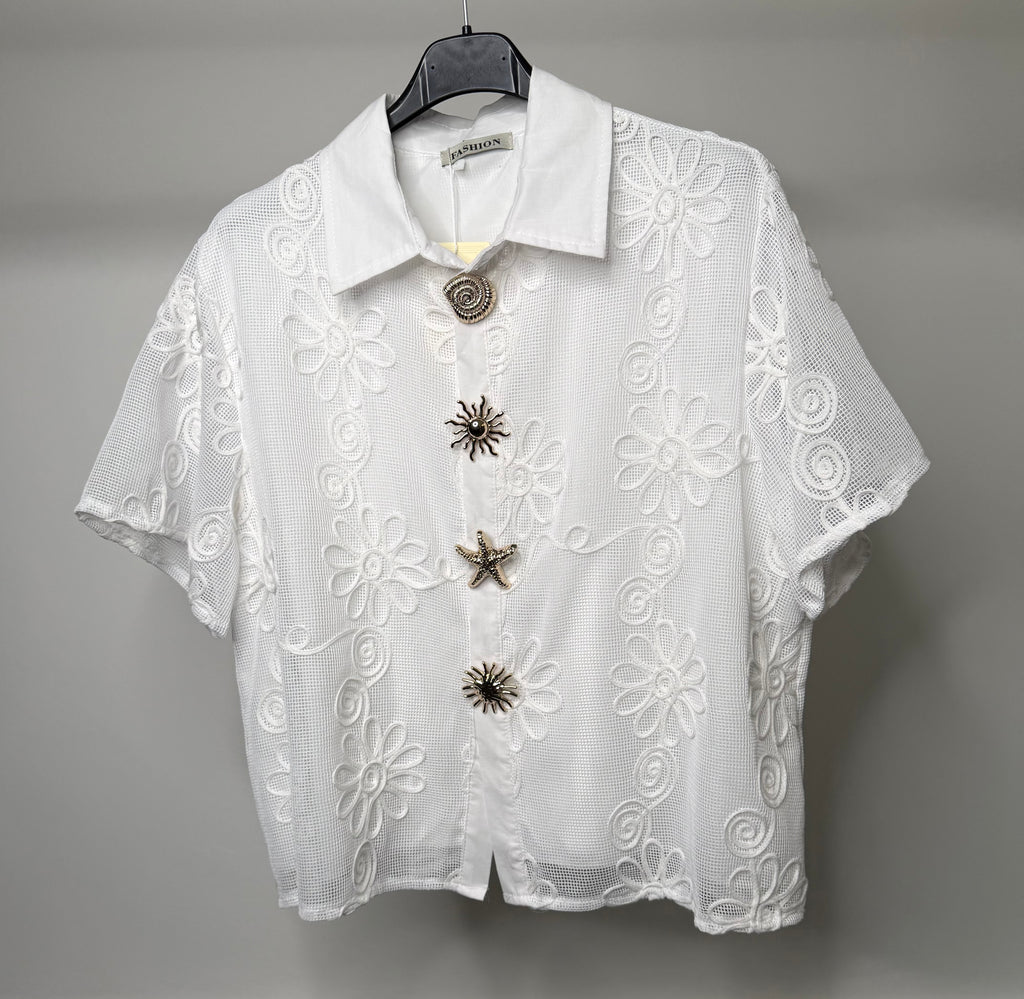 Flower Embroidered Mesh Shirt with Gold Summer Vibe Button Detail