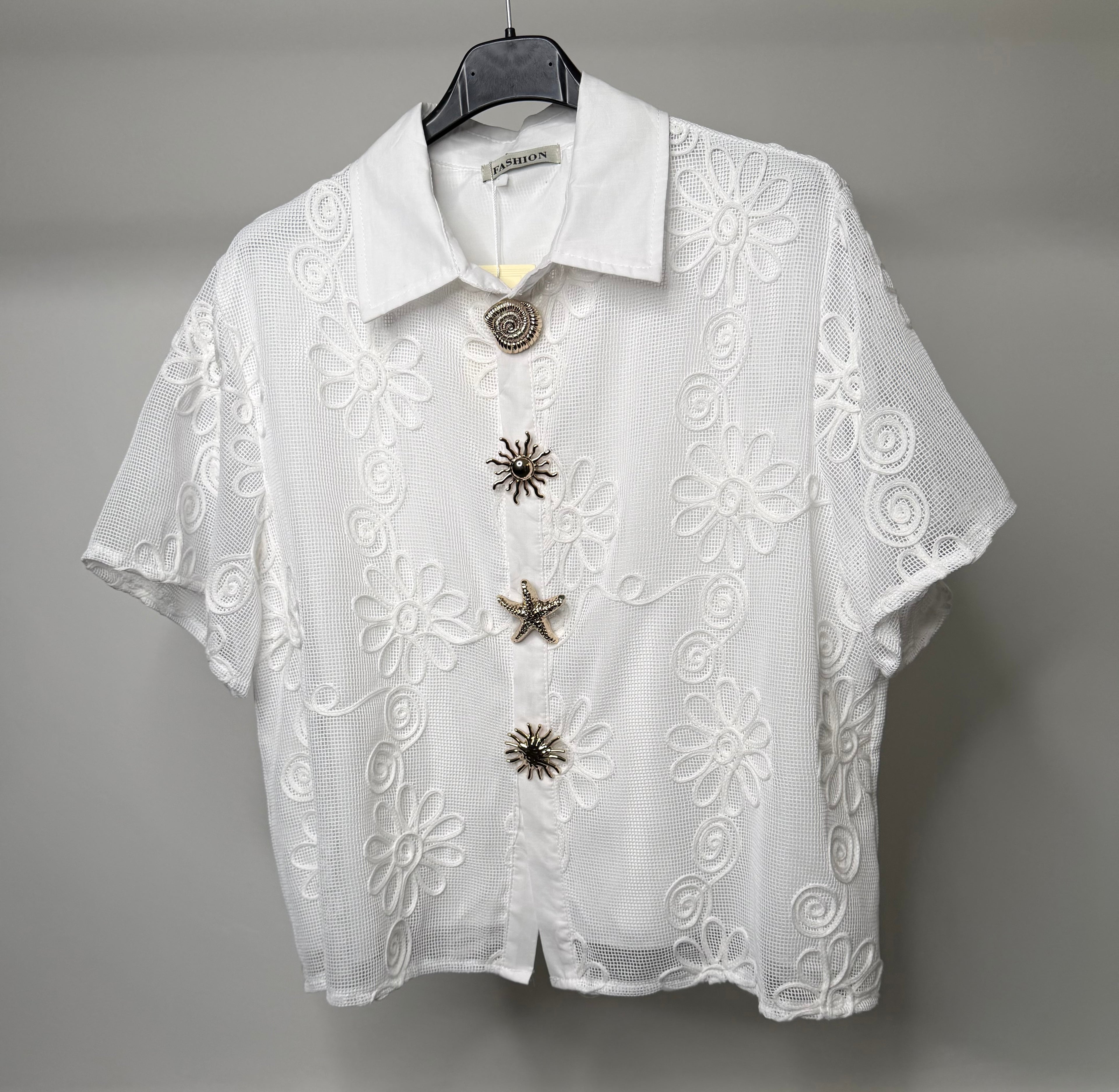Flower Embroidered Mesh Shirt with Gold Summer Vibe Button Detail