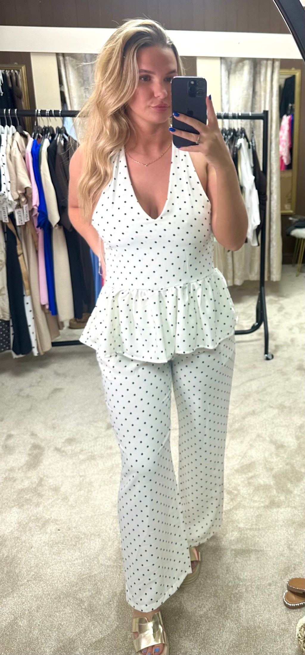 Polka Dot Halter Neck Frill Hem Top & Trouser Co Ord