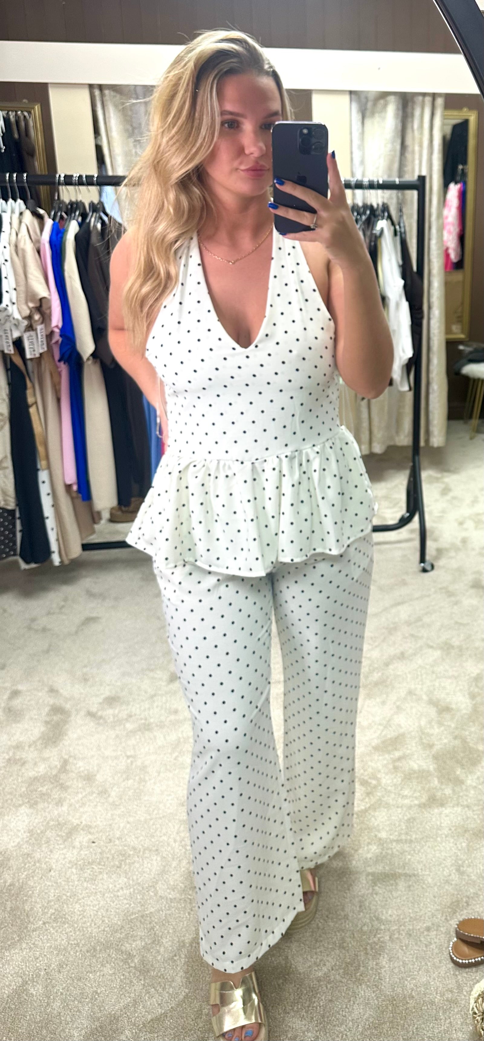 Polka Dot Halter Neck Frill Hem Top & Trouser Co Ord