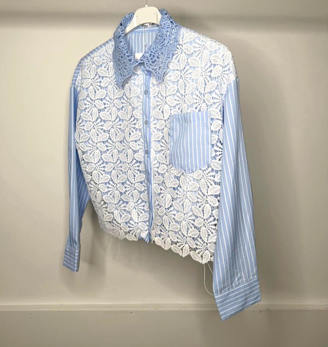 Blue & White Pinstripe Shirt with Lace Collar & White Crochet Flower Detail