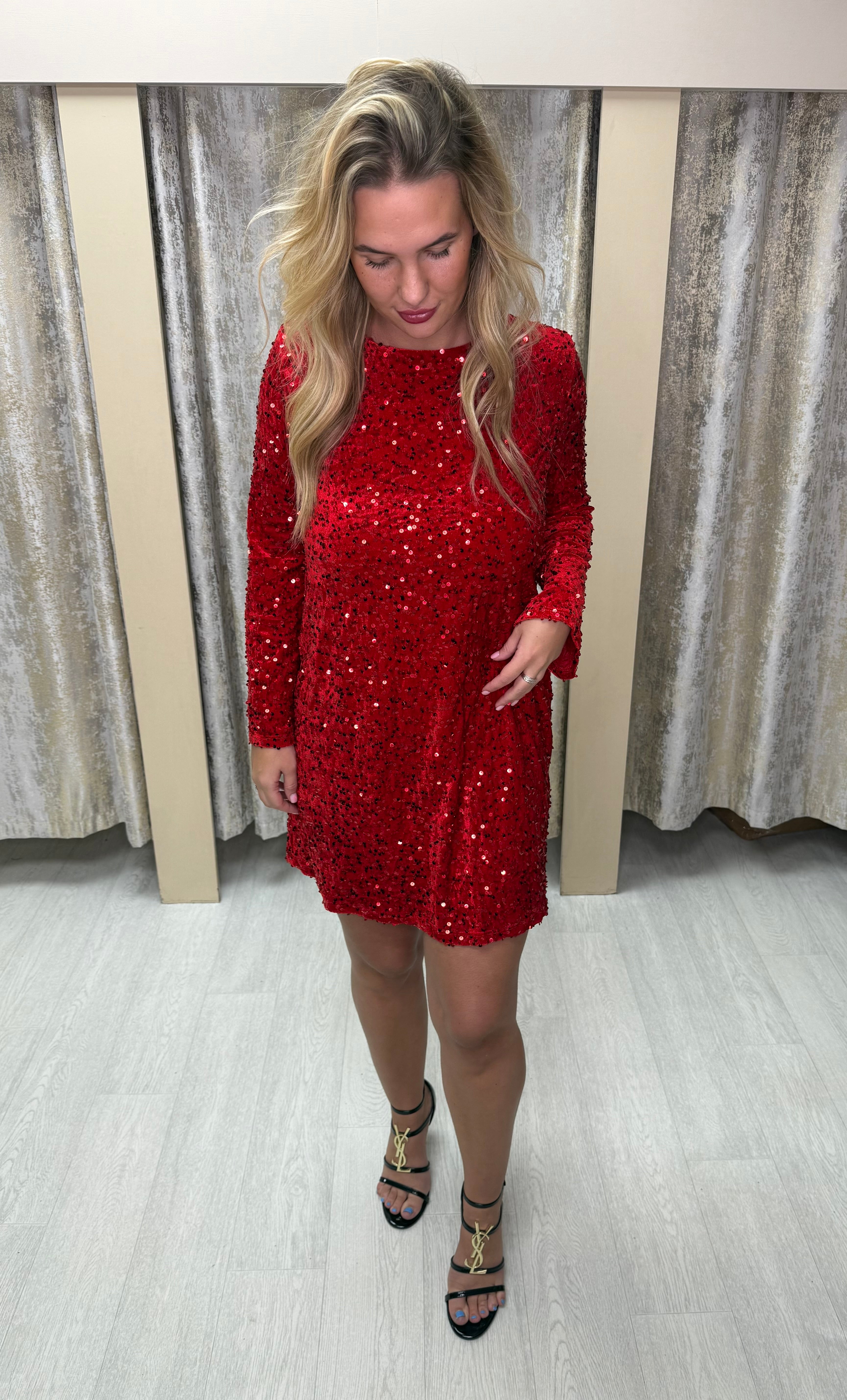 Black Velvet Bow Detail Red Sequin Dress