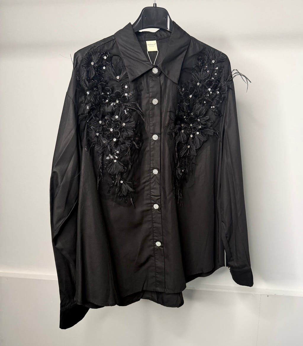 LUXE Embellished Diamanté Mesh Flower Detail Shirt
