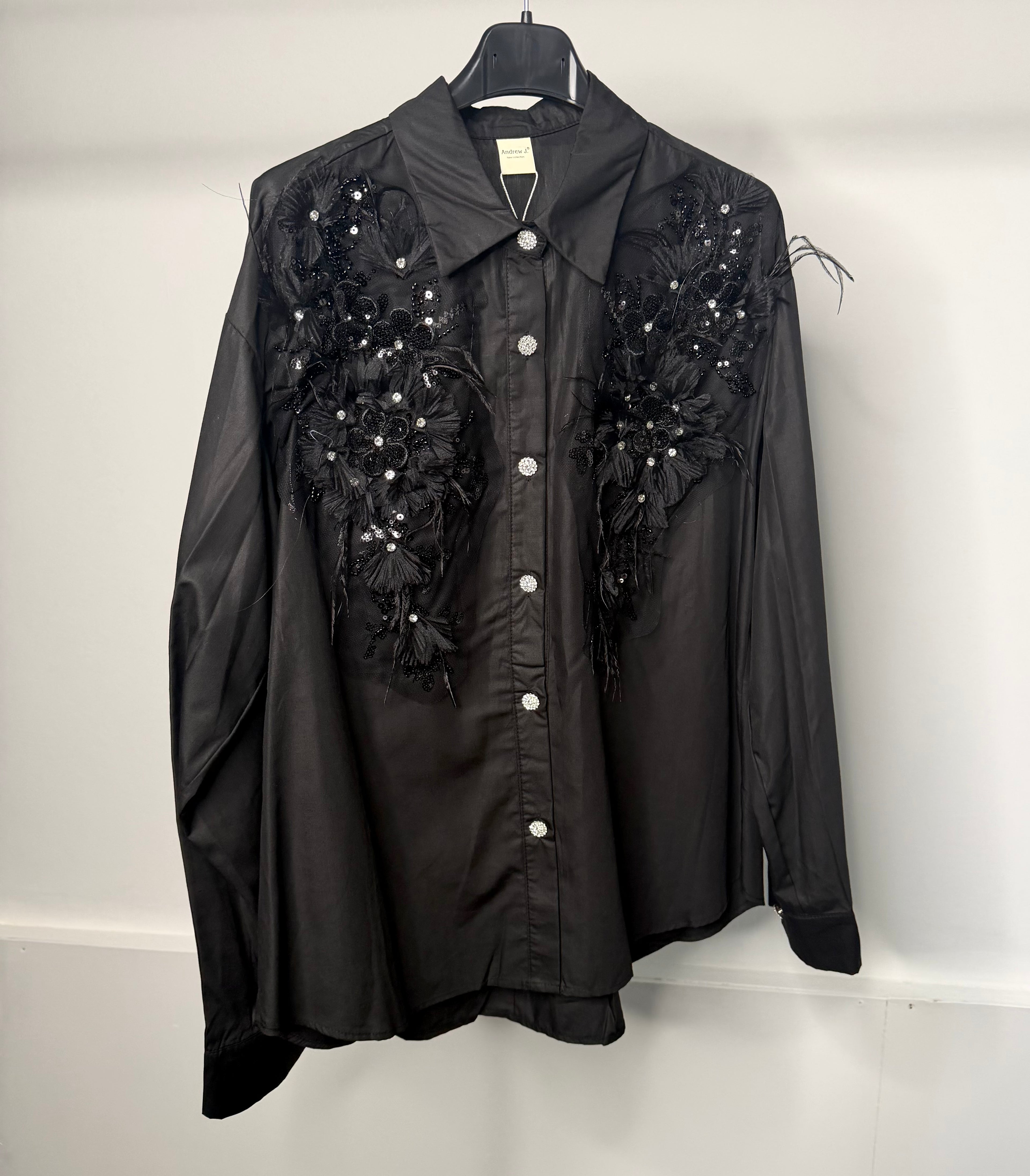 LUXE Embellished Diamanté Mesh Flower Detail Shirt