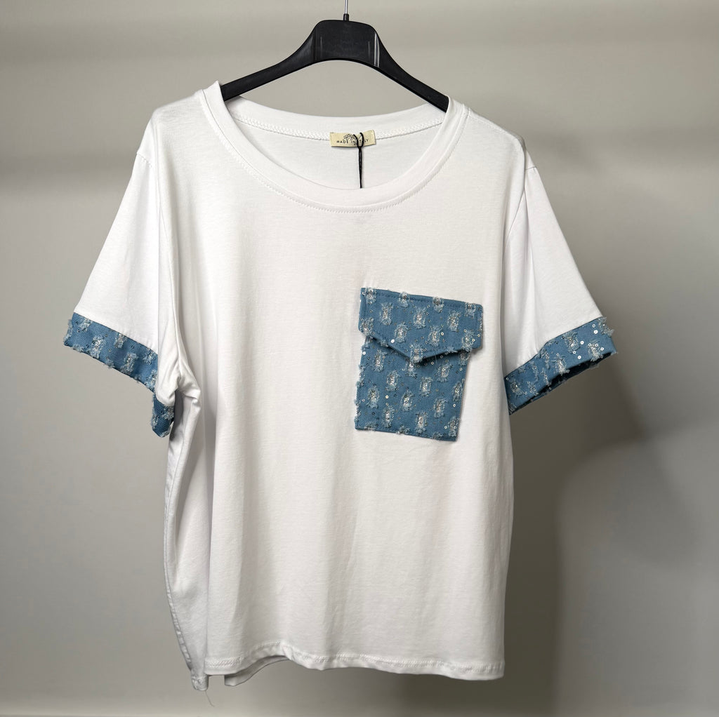White T-Shirt With Denim Pocket & Silver Sequin Sleeve Trim Detail