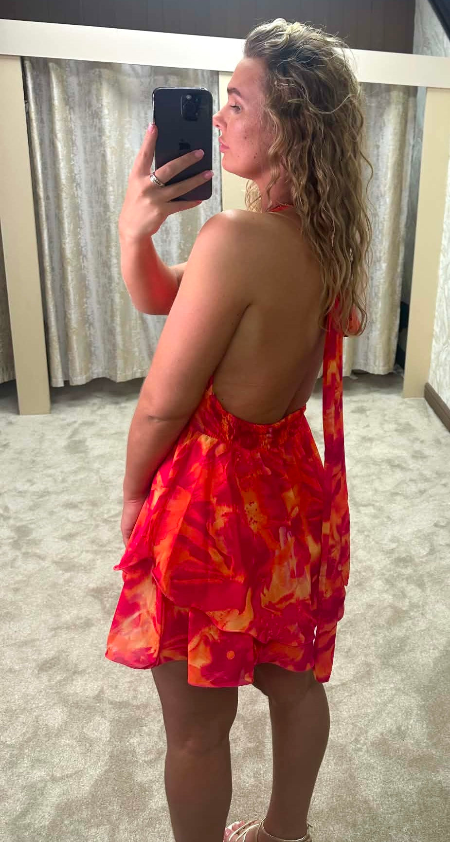 Halter Neck Marble Print Chiffon Dress - Red & Orange