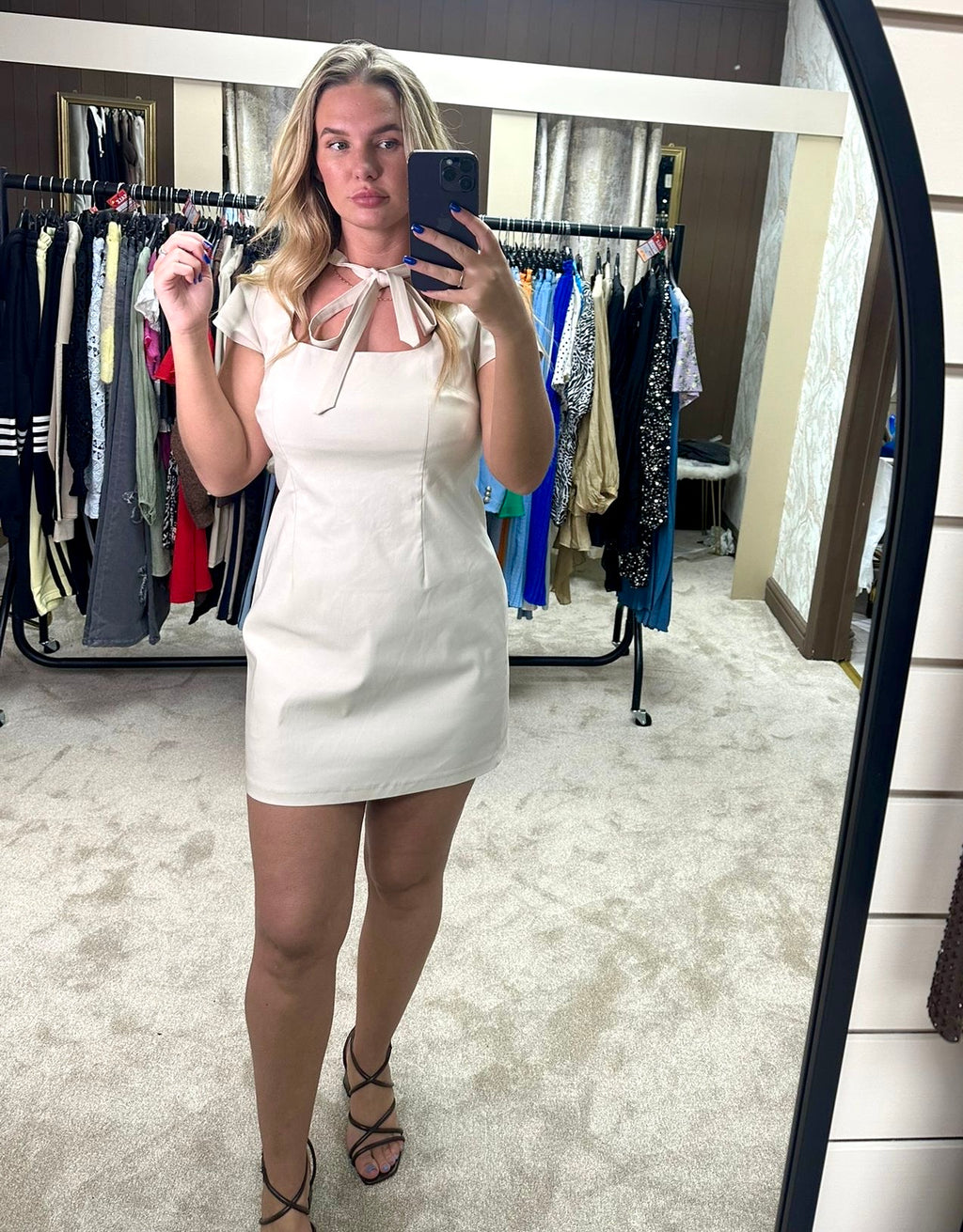 Square Neckline Tie Detail Stretchy Dress