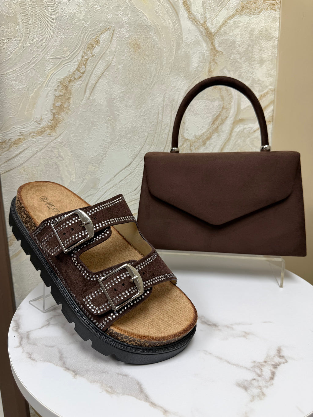 Top Handle Suede Envelope Bag - Chocolate Brown