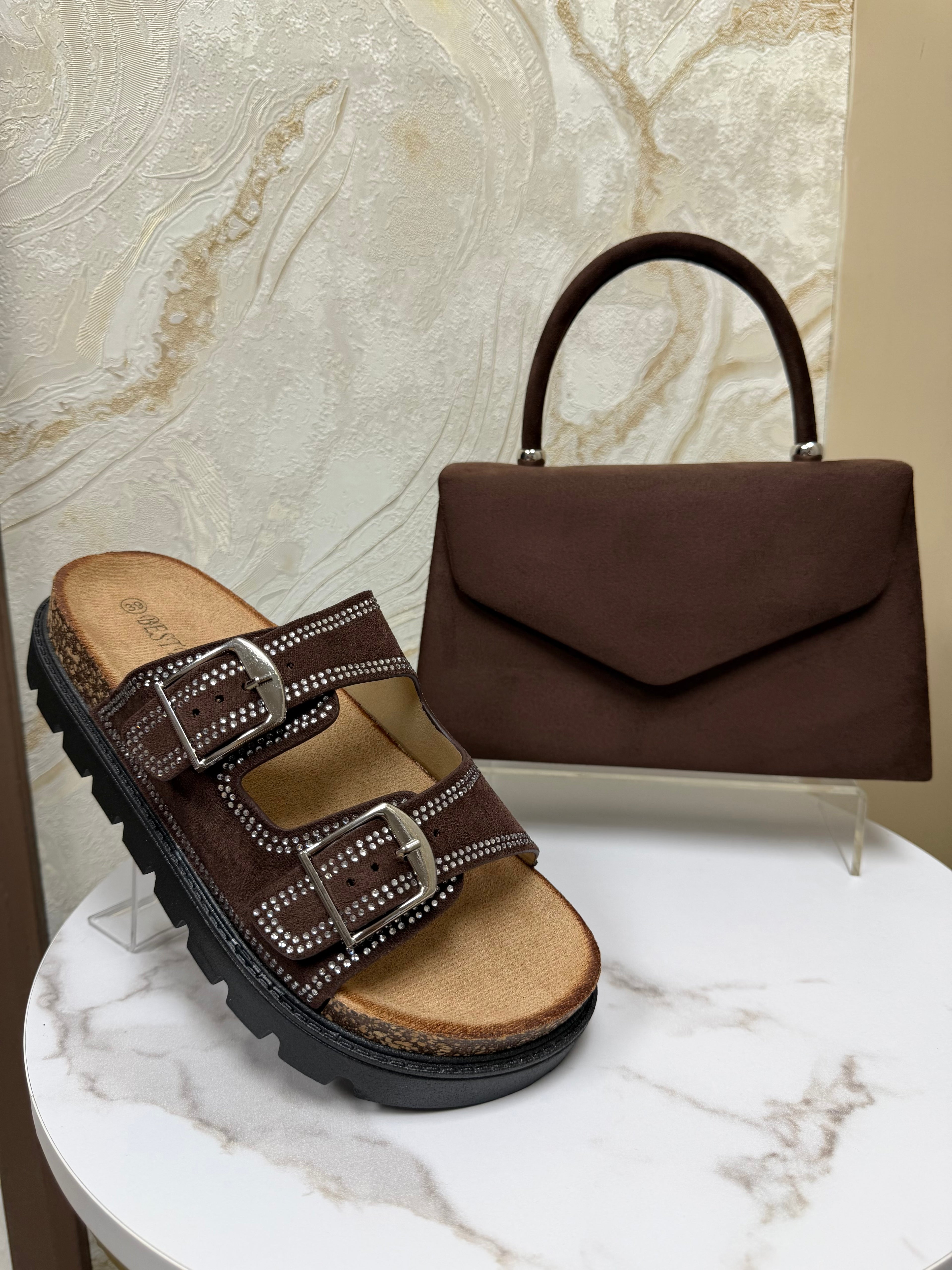 Top Handle Suede Envelope Bag - Chocolate Brown