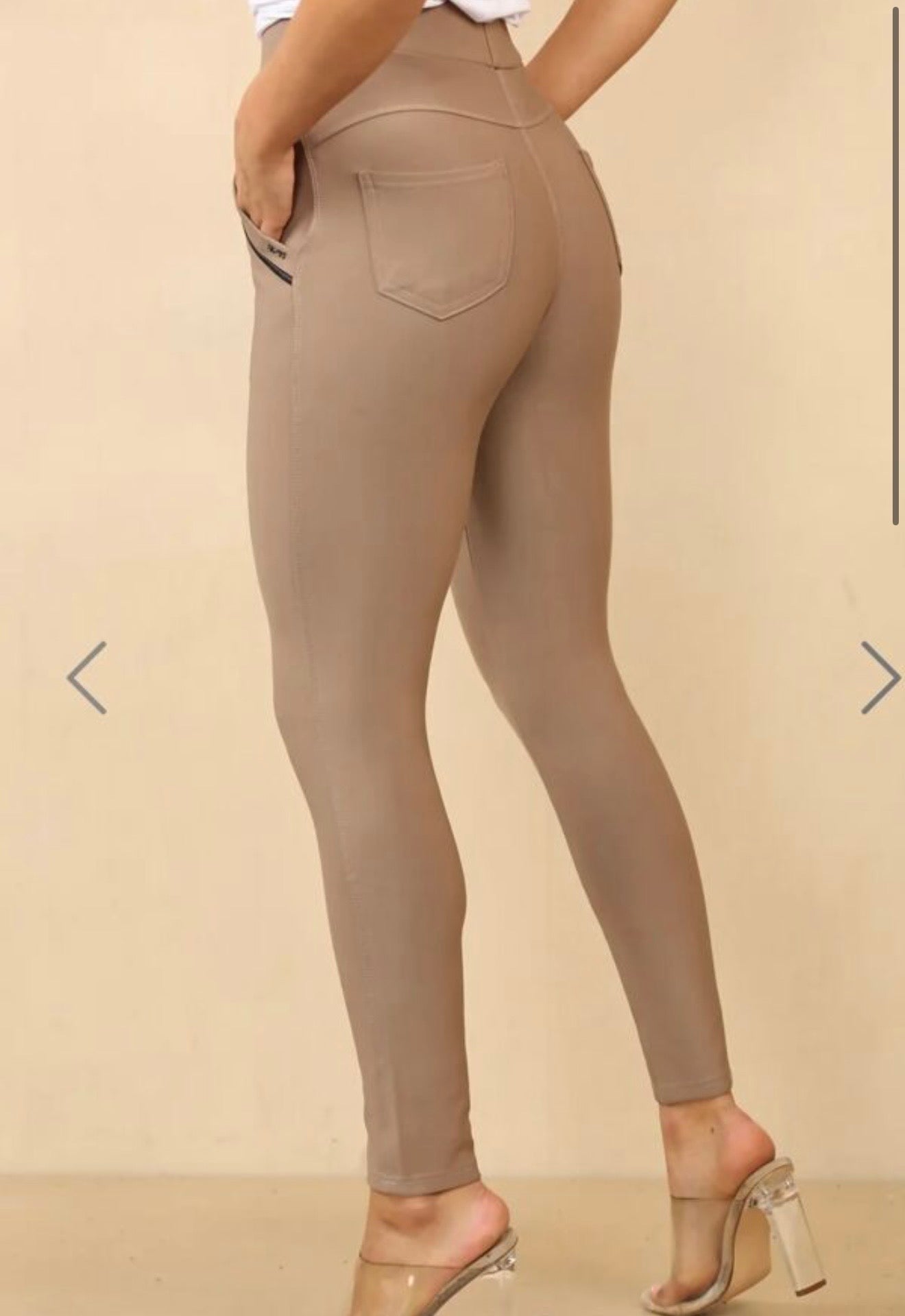 High Waisted Double Band Pocket Leggings - Taupe