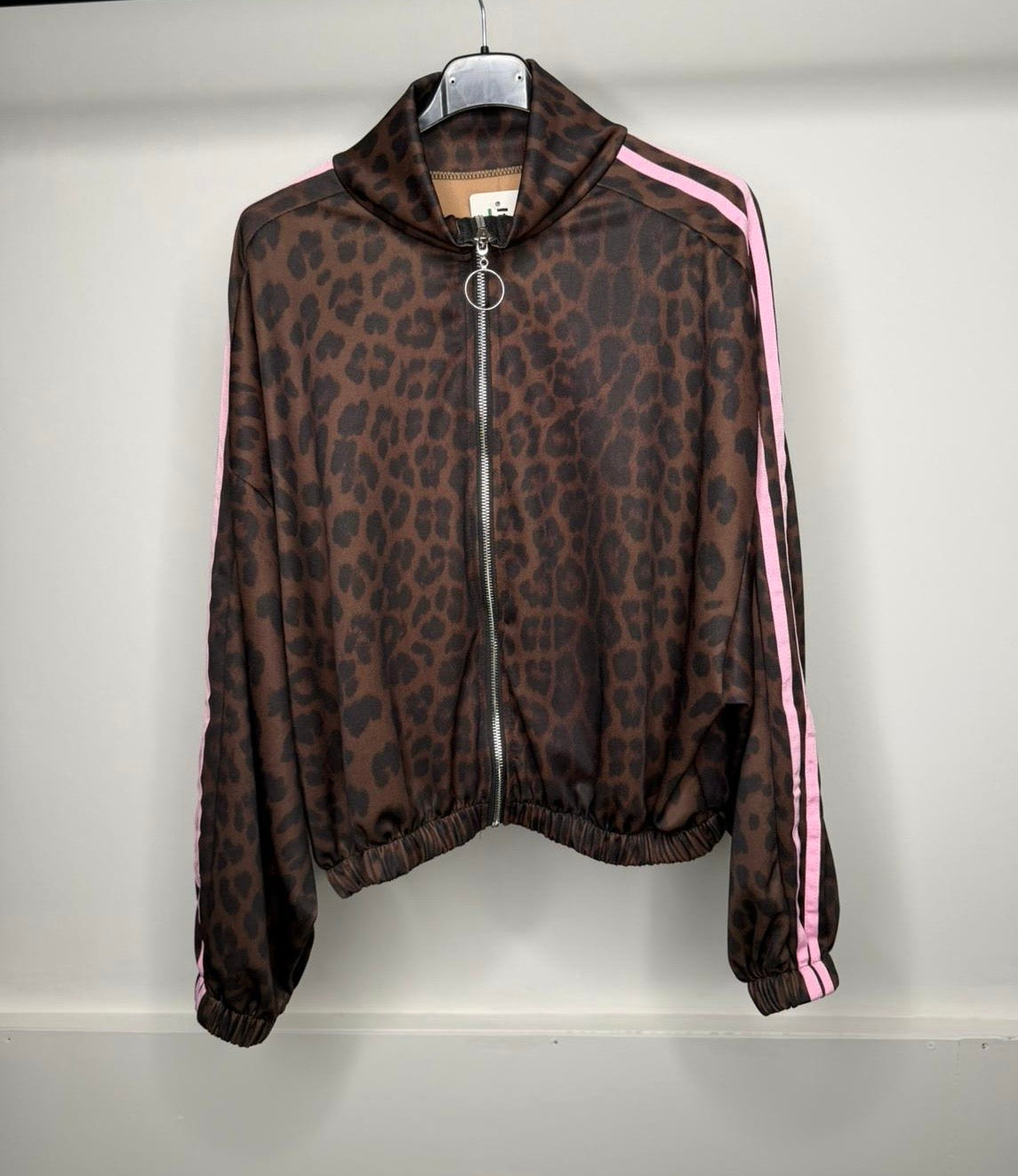 Leopard Print Stripe Detail Elasticated Zip Up Jacket