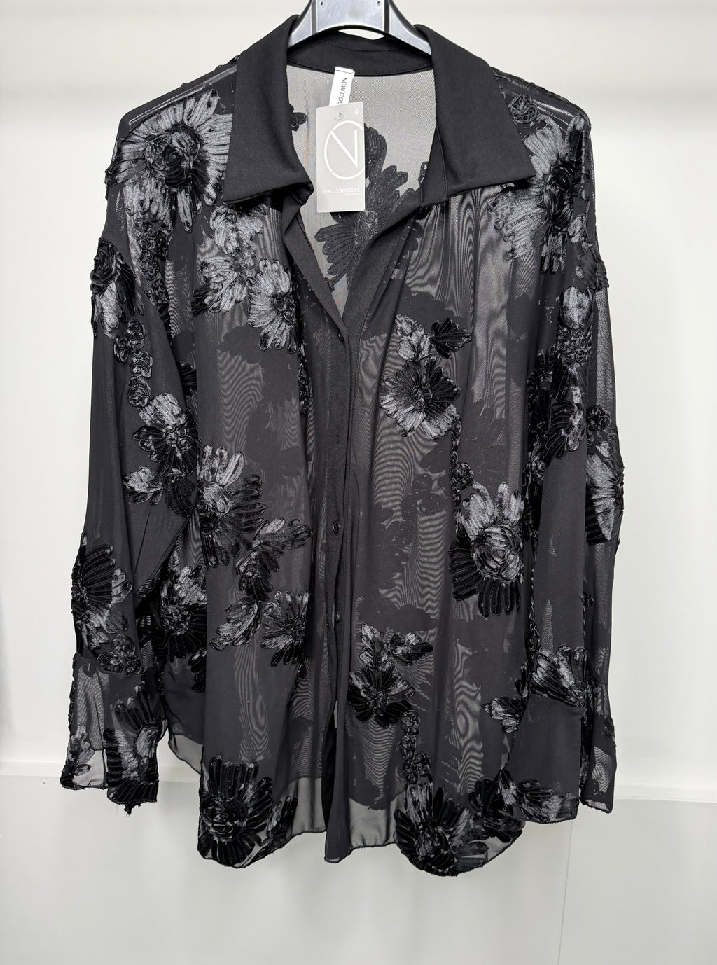 PLUS SIZE - Flower Embroidered Mesh Shirt with Bell Sleeve Detail