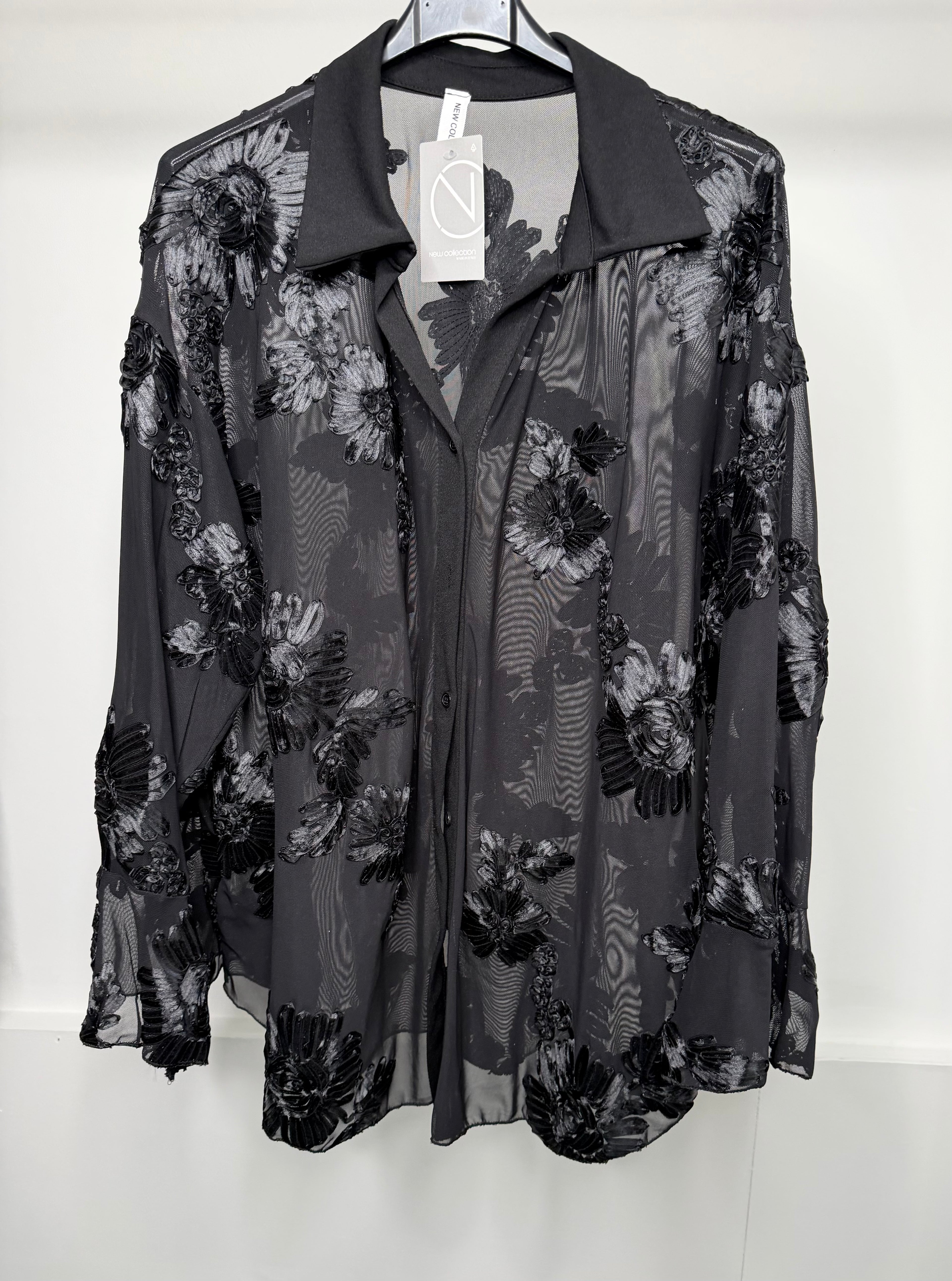 PLUS SIZE - Flower Embroidered Mesh Shirt with Bell Sleeve Detail