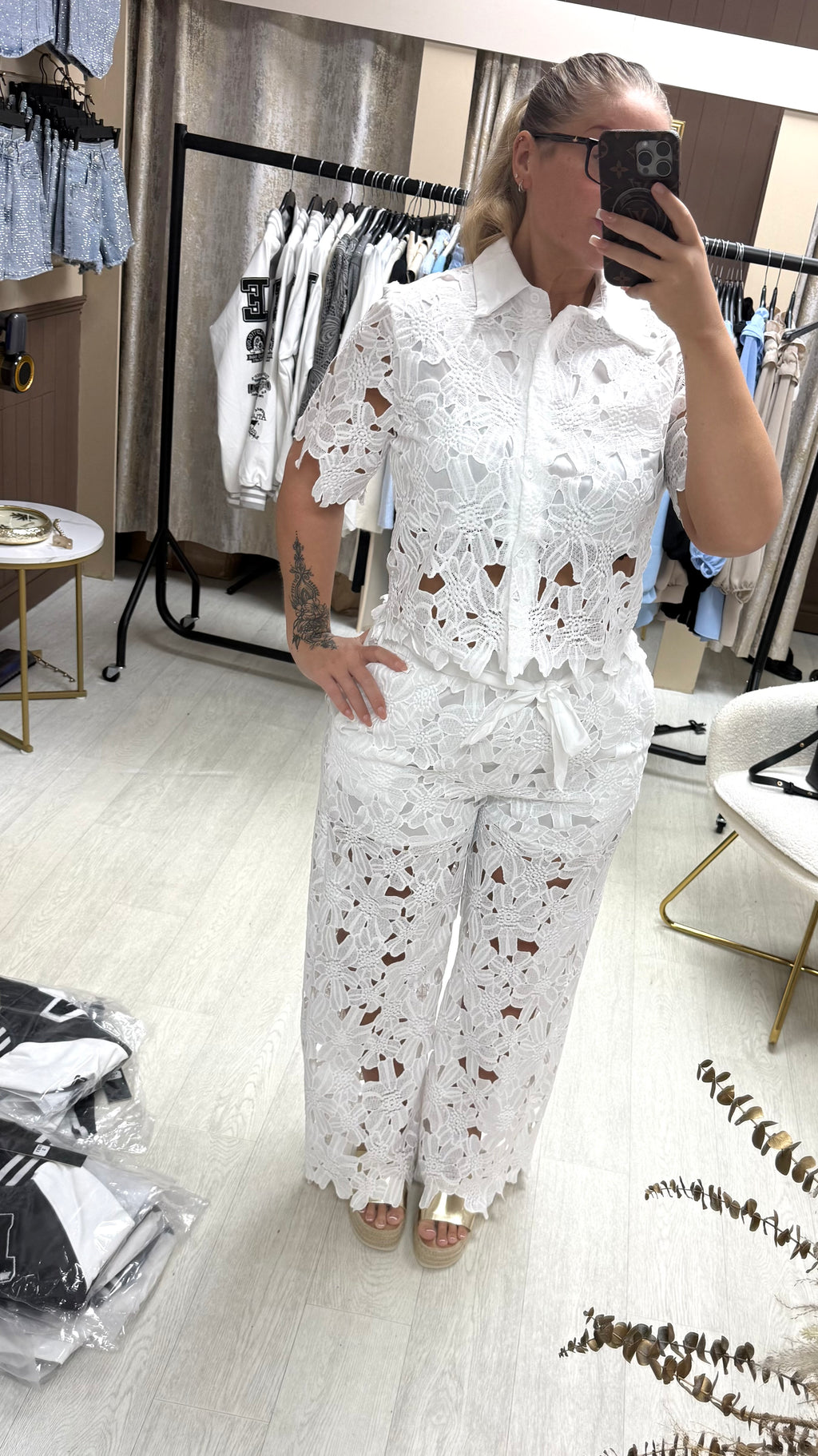 LUXE Lace Crochet Shirt & Bow Belted Trousers Co Ord