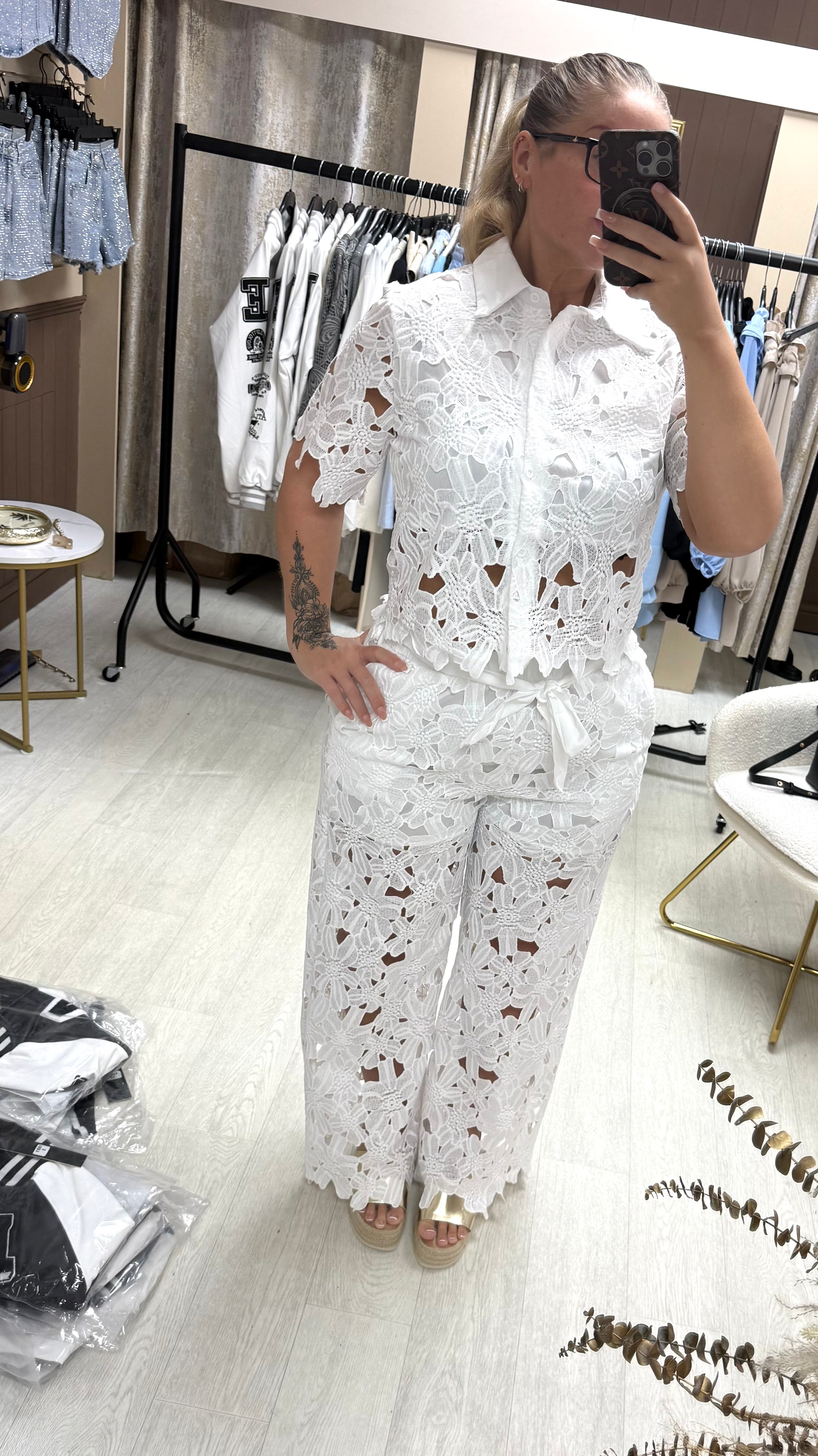 LUXE Lace Crochet Shirt & Bow Belted Trousers Co Ord