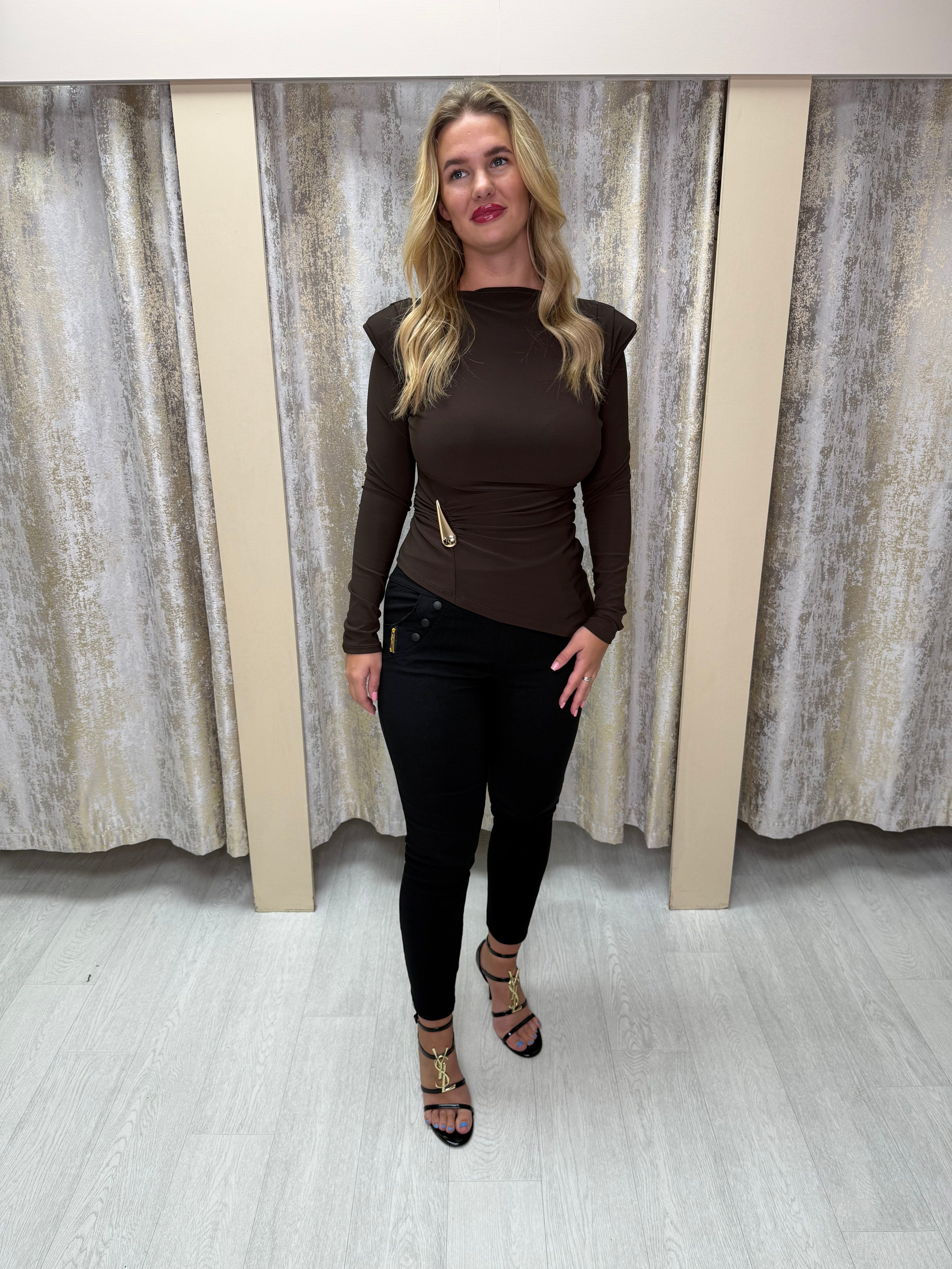 Asymmetric Side Split Long Sleeve Buckle Top with Shoulder Pads & Ruched Detailing