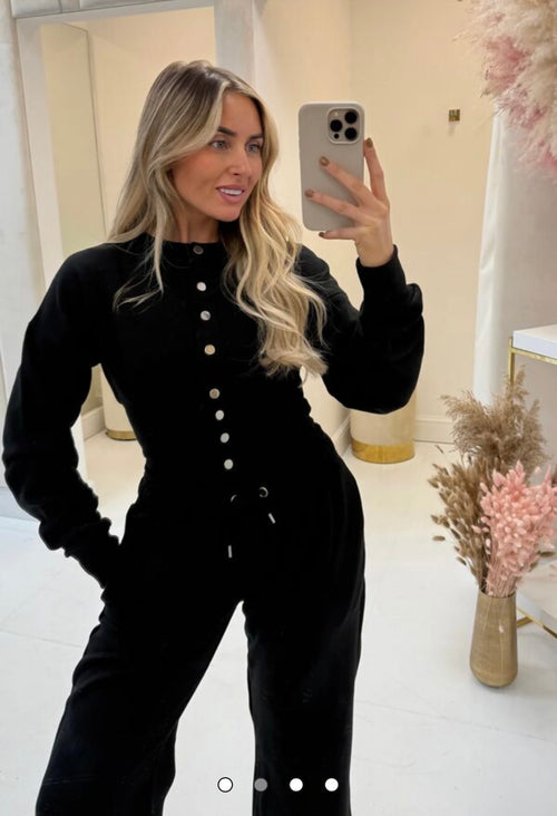 Corset Fit Cinched Waist Snap Button Sweatshirt with Wide Leg Trousers - Black