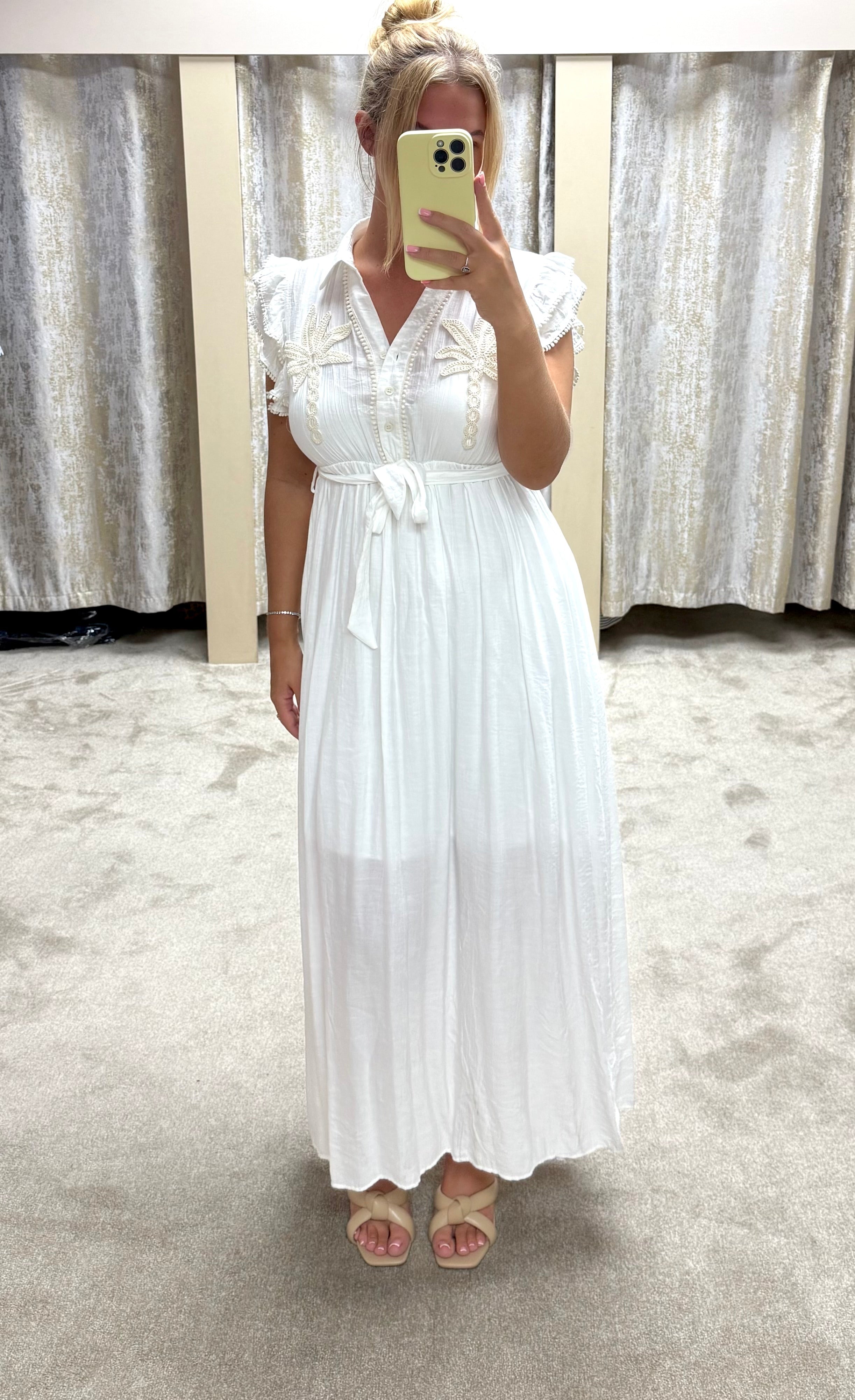 Palm Tree Embroidered Maxi Dress With Frill Detail Sleeves