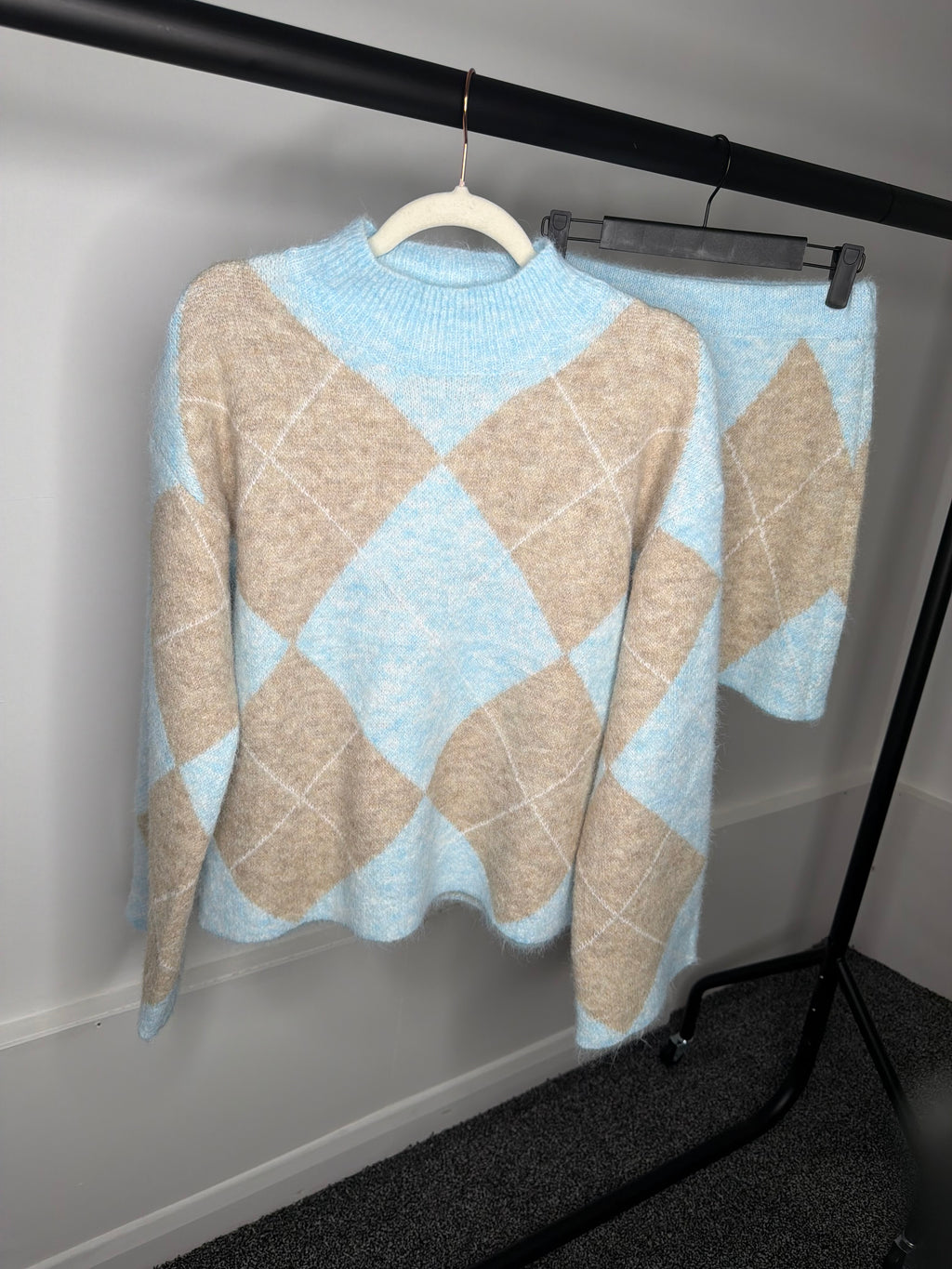 Diamond Check Pastel Soft Knit Jumper & Skirt Co Ord