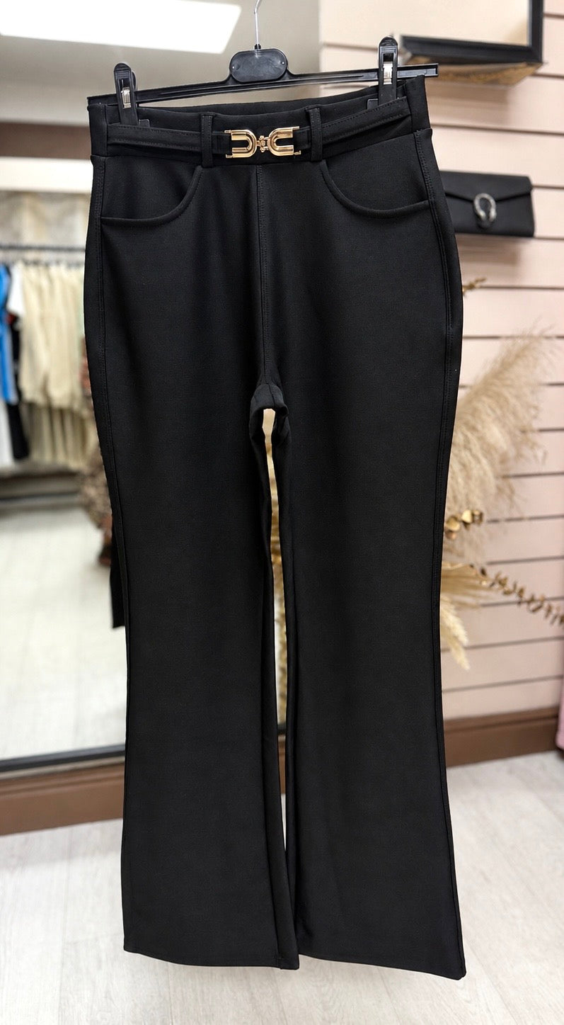 Soft & Stretchy Scuba Bootcut Trousers With Gold Buckle Detail