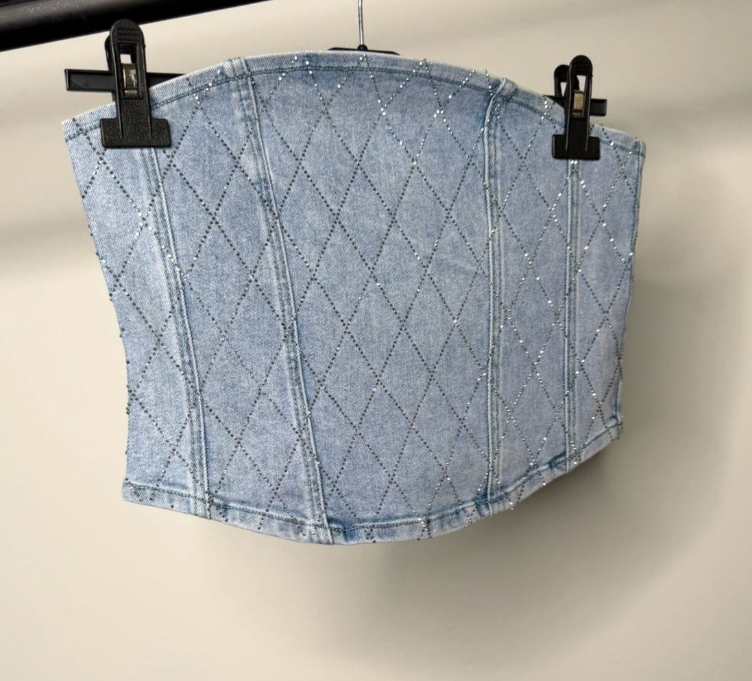 Diamond Detail Diamanté Stretchy Denim Zip Up Corset Top