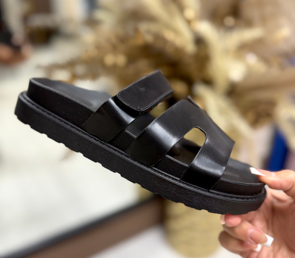 Hermes Inspired Velcro Sliders - Black