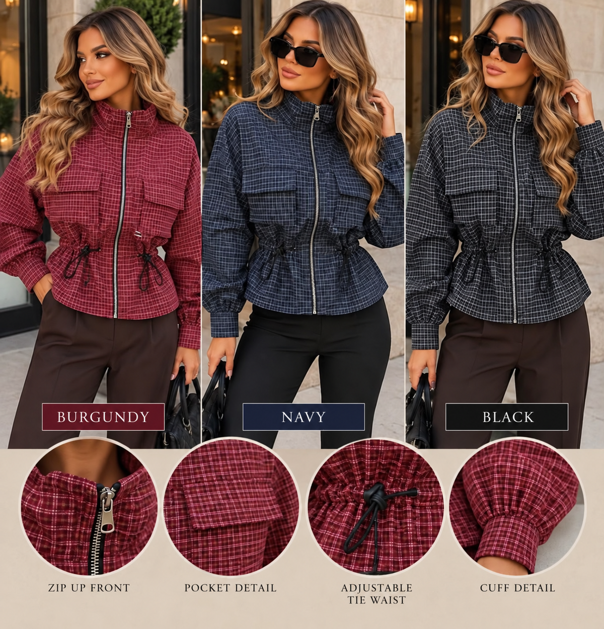 Checked Print Waist Cinching Toggle Jacket