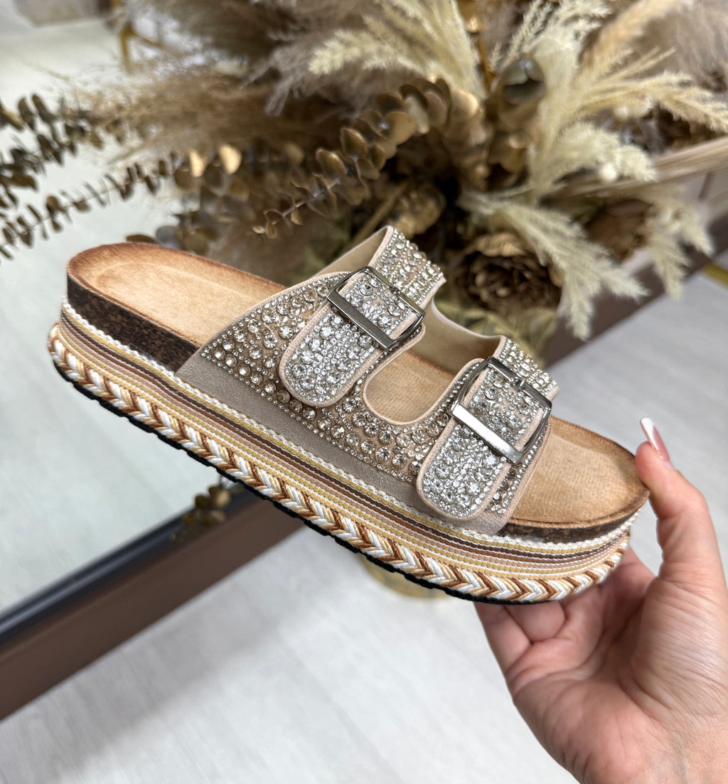 Diamanté Adjustable Buckle Platform Sliders- Beige