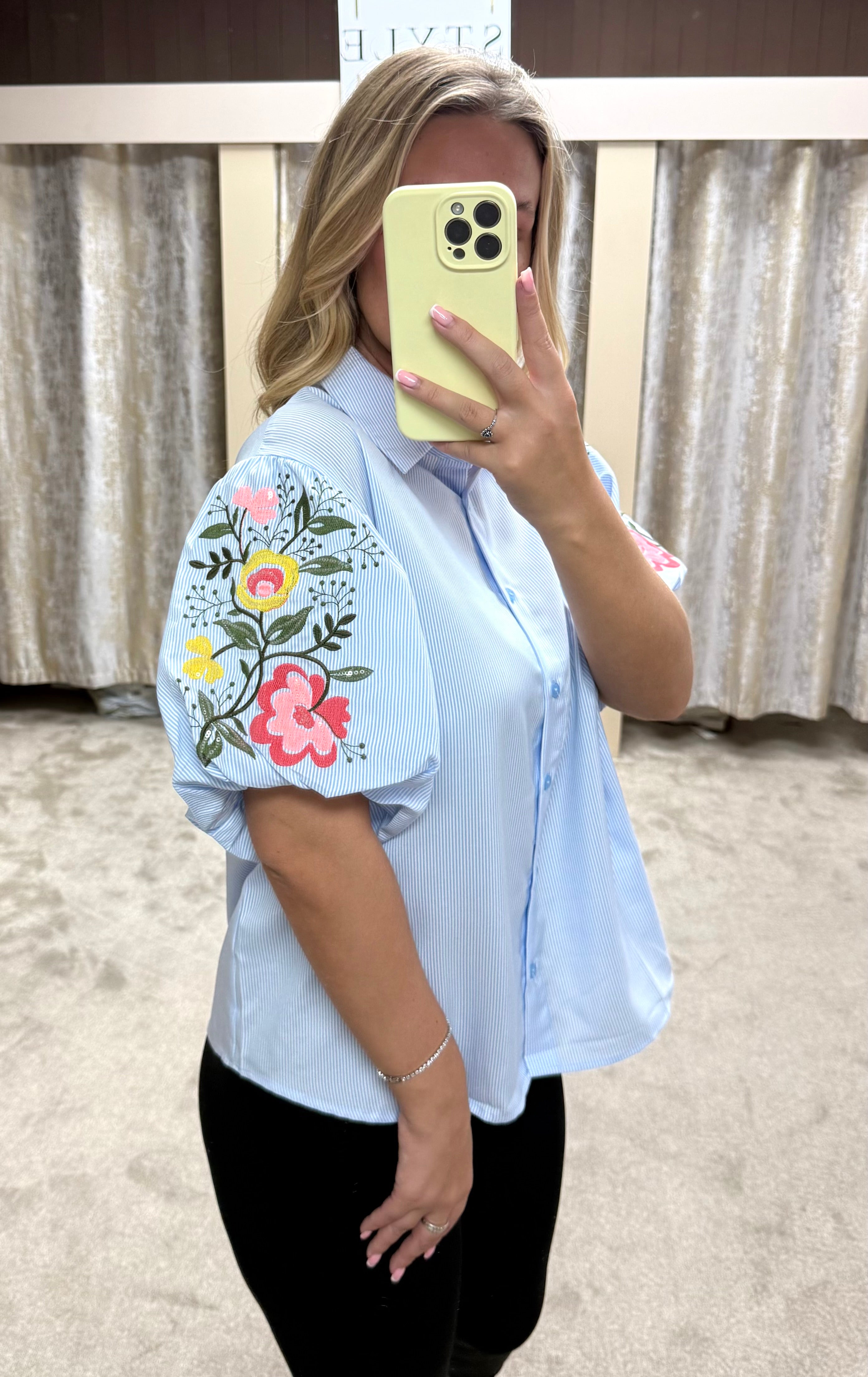 Blue Pinstripe Shirt With Flower Embroidered Sleeve Detail