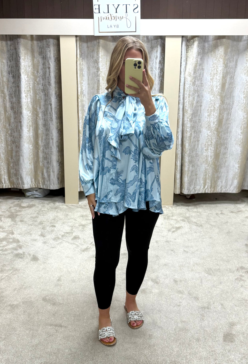 Leaf Print Chiffon Neck Tie Floaty Blouse
