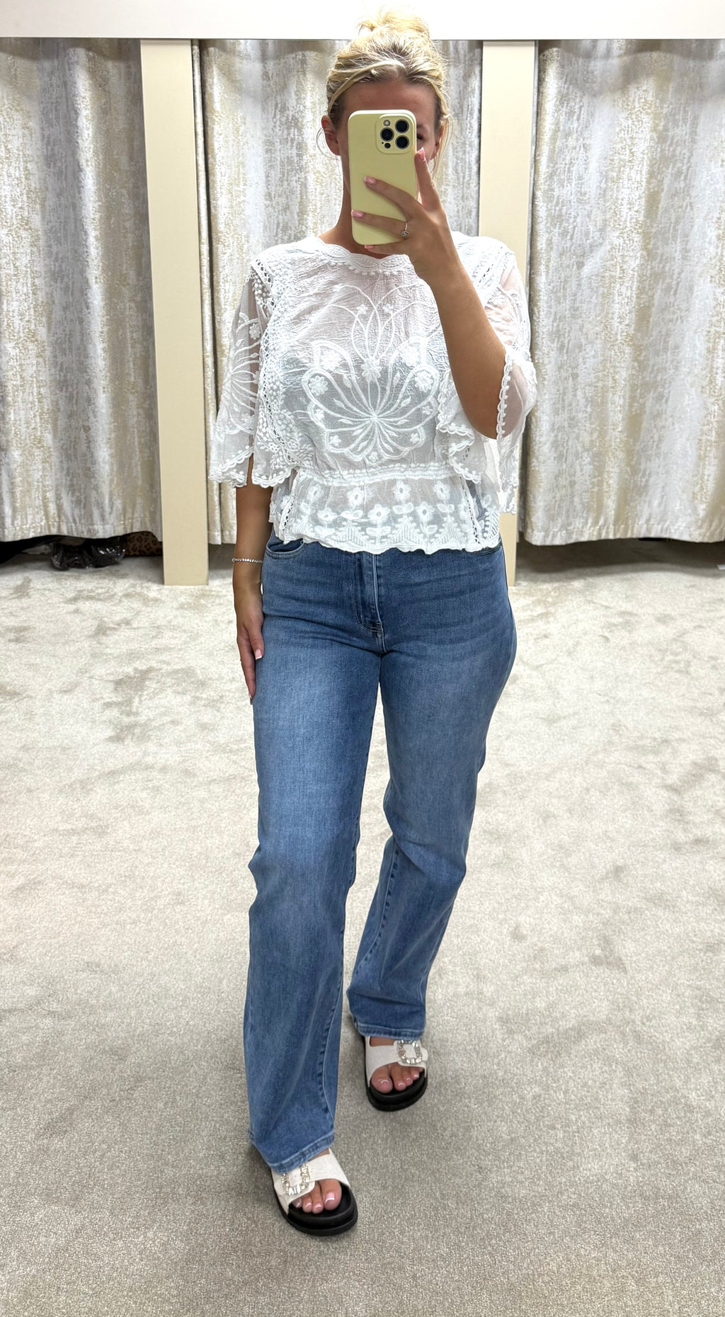 Butterly Embroidered Elasticated Waist Crochet Detail Top