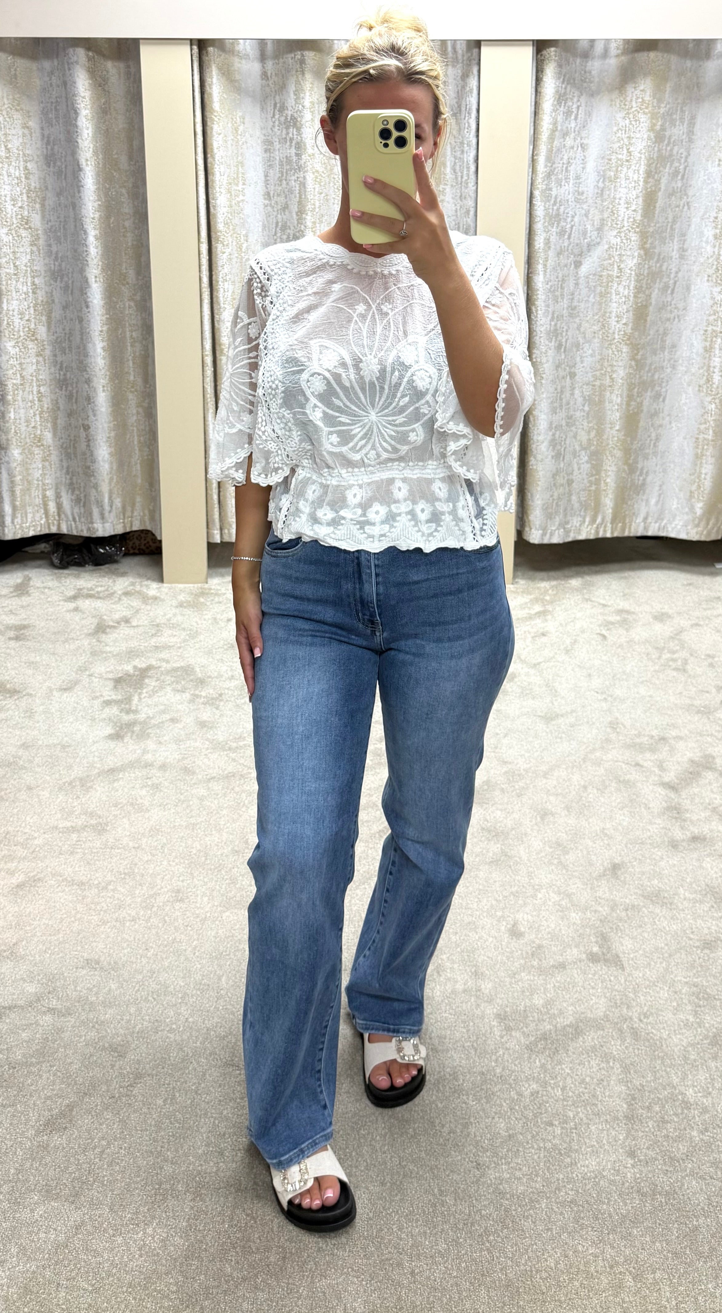 Butterly Embroidered Elasticated Waist Crochet Detail Top