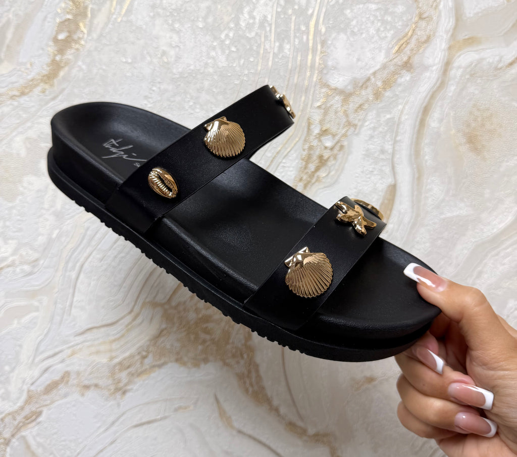Seashell & Starfish Gold Detail Sliders - Black