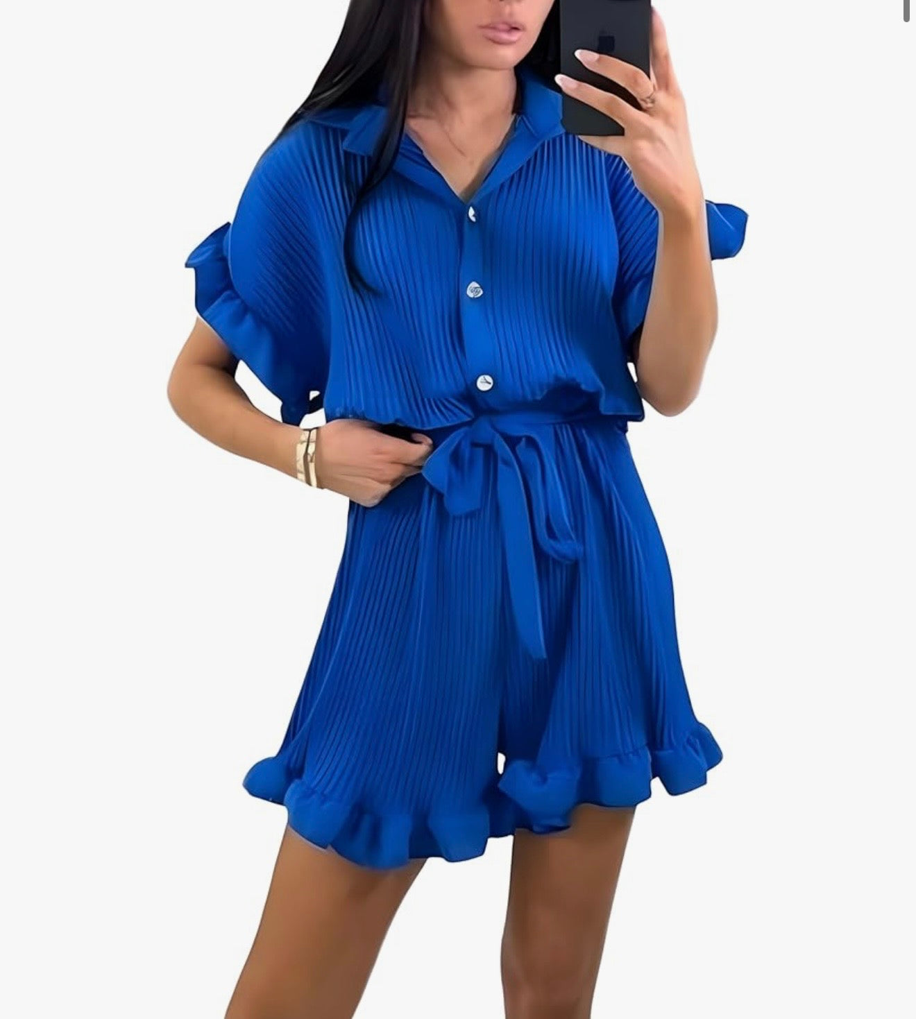 Pleated Frill Ruffle Tie Waist Playsuit